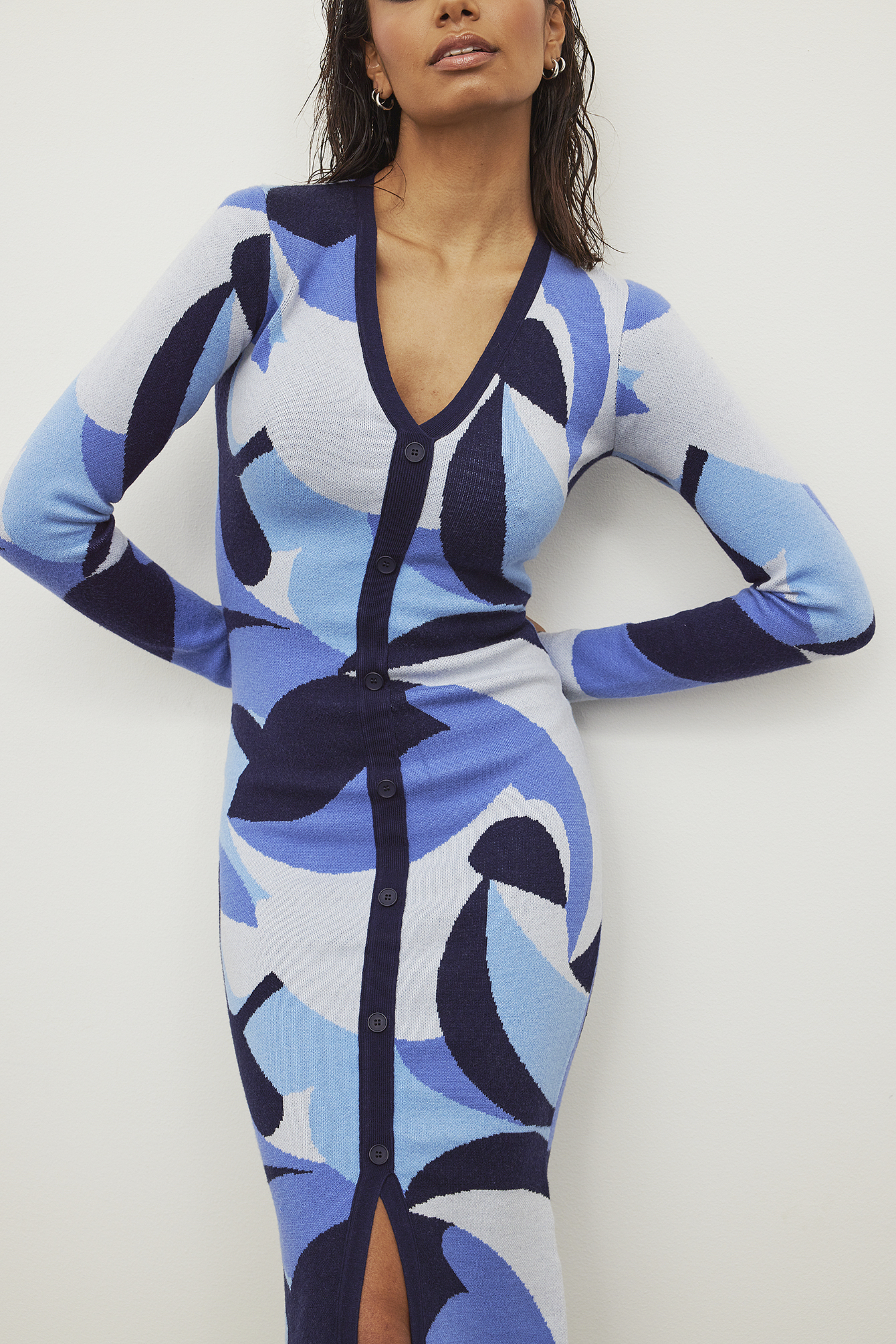 Blue/Print V-neck Jacquard Knitted Dress