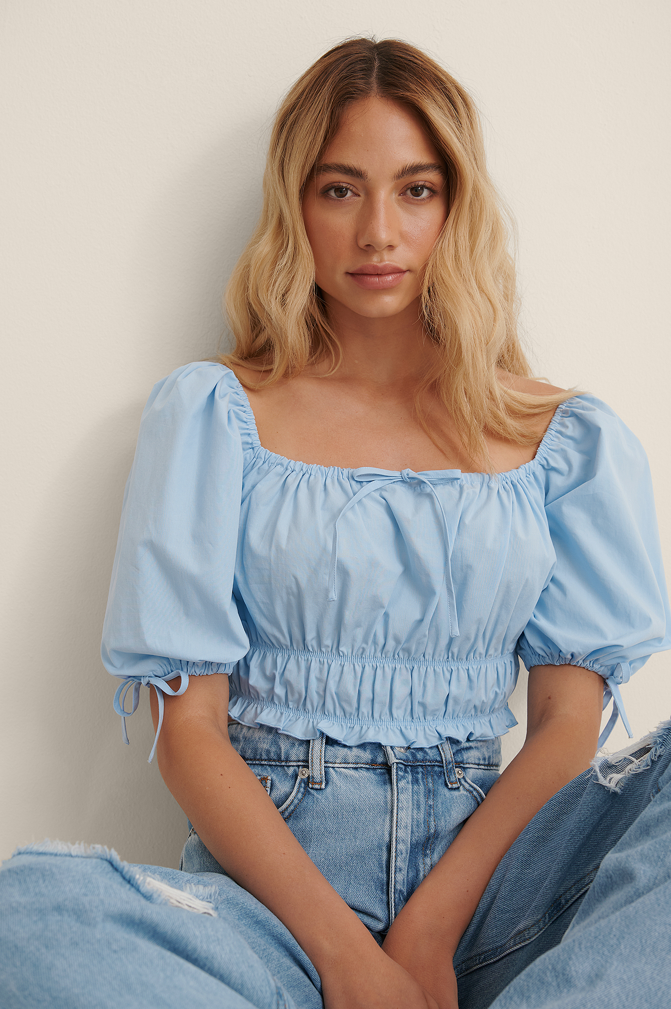 Blue Front Tie Puff Sleeve Top