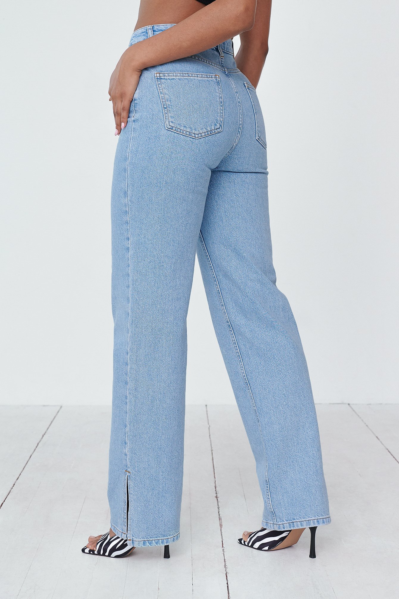 Blue Slit Detail Straight Jeans