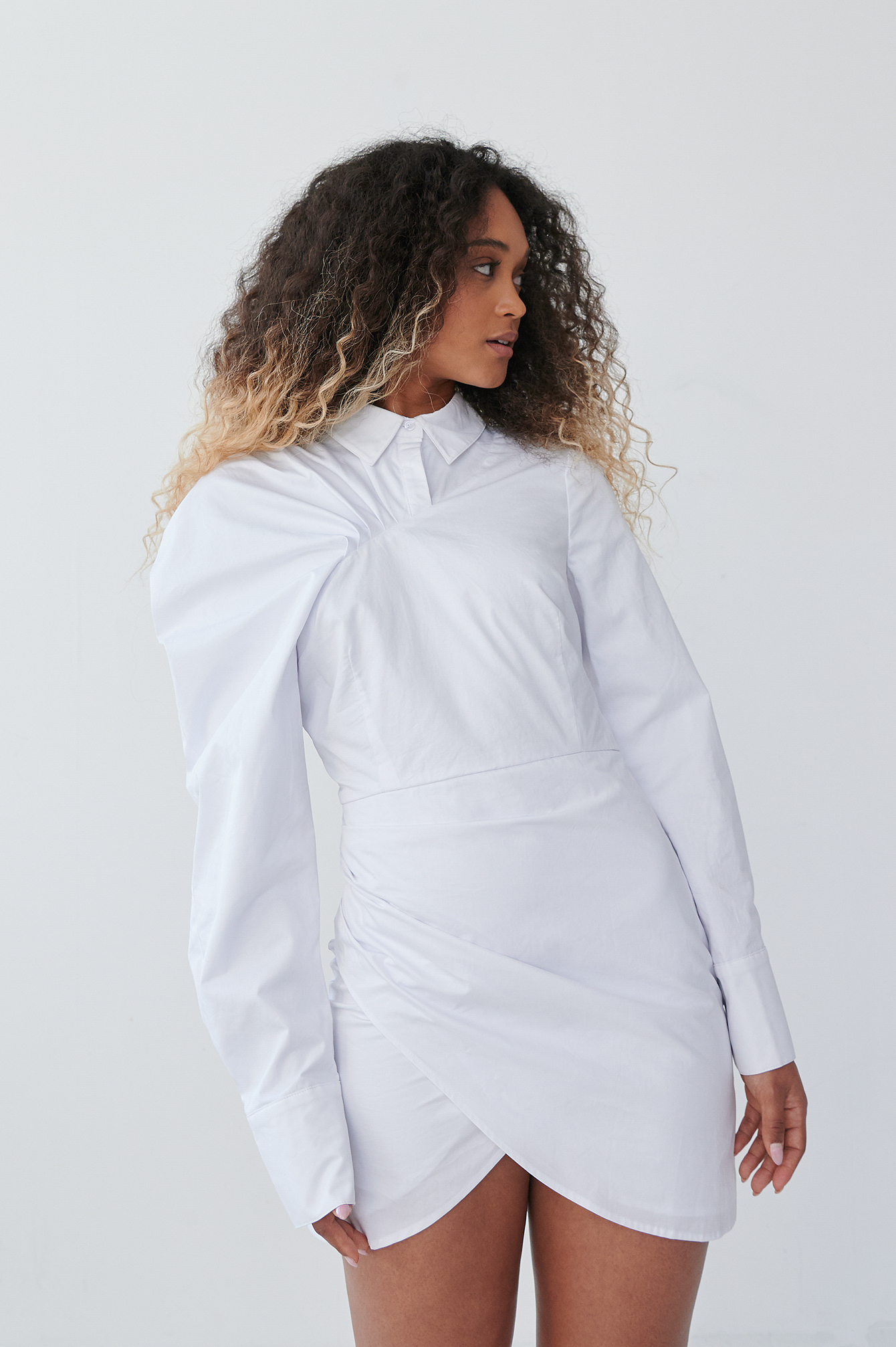 White Volume Sleeve Draped Detail Dress