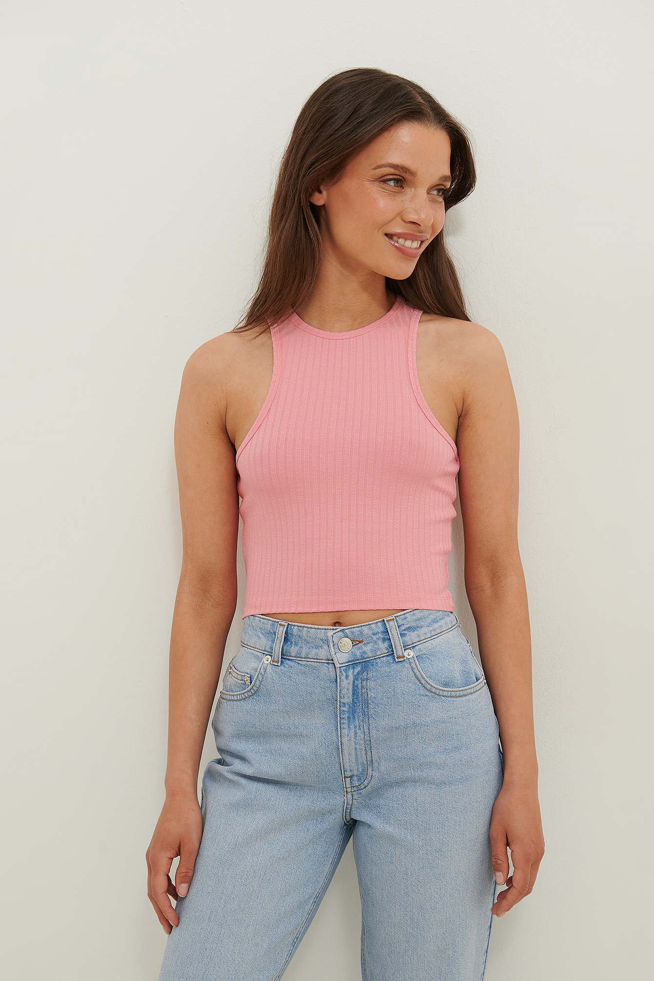 Pink Ribbed Cropped Tank Top