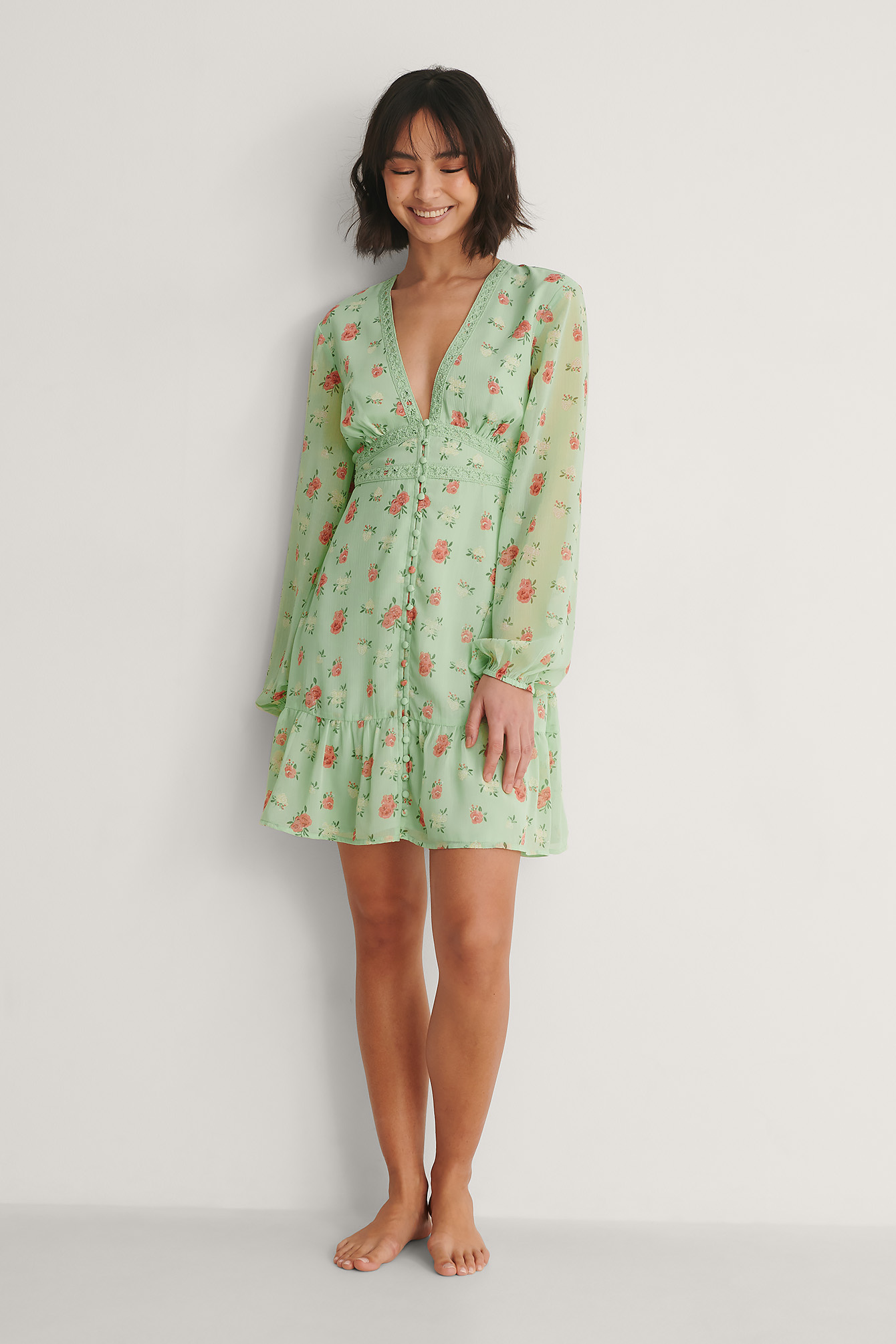 Green Flower Button Detail Chiffon Dress