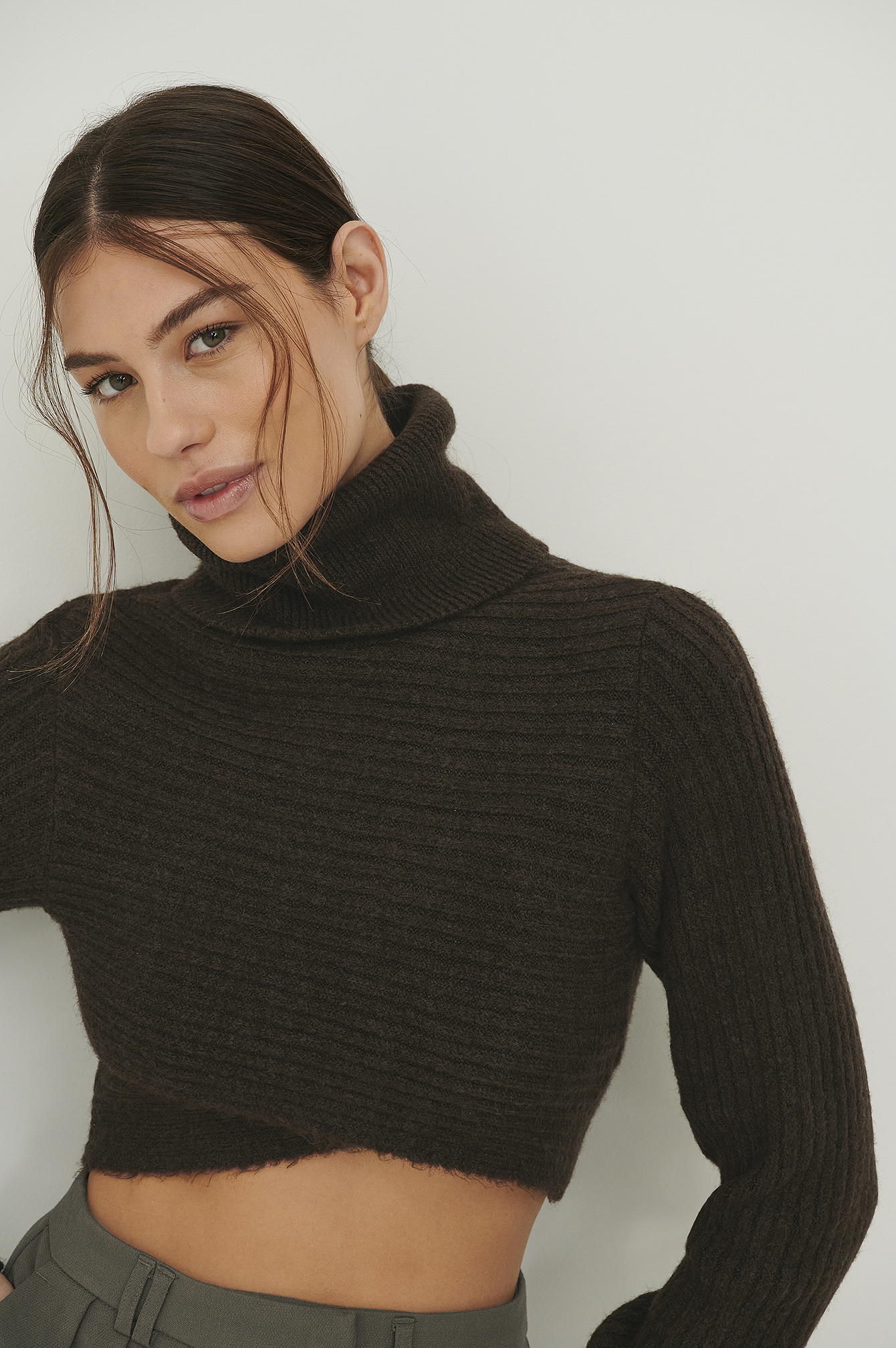 Brown Wrap Cropped Knit Sweater