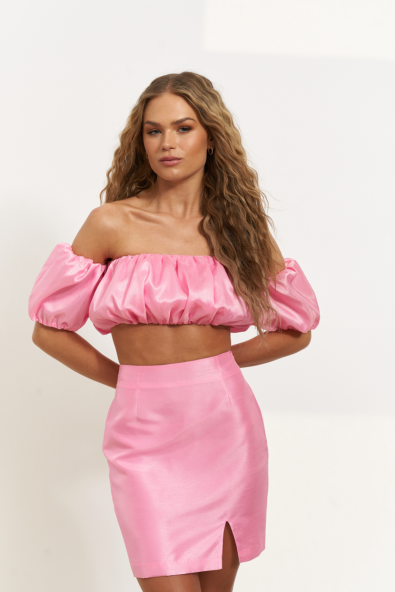 Pink Off Shoulder Puffy Sleeve Top