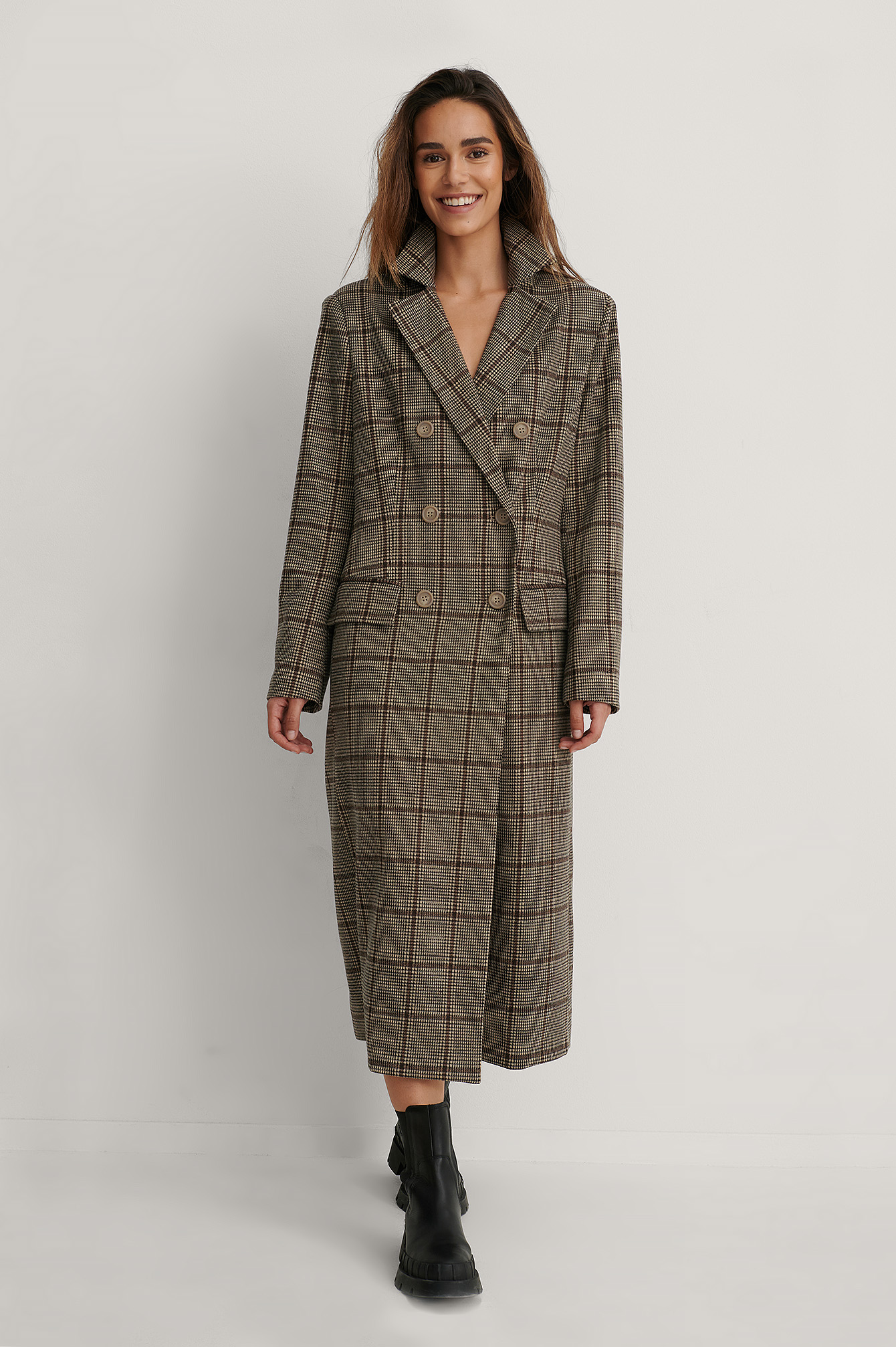 Checked Marked Shoulders Double Buttoned Coat
