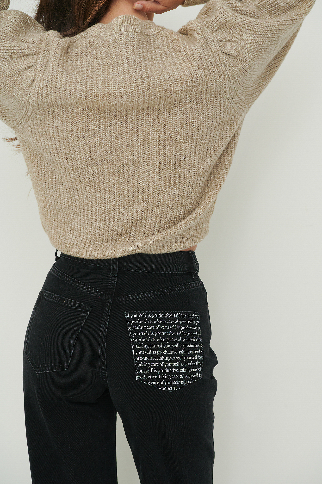 Black Quote Detailed Organic Straight Jeans