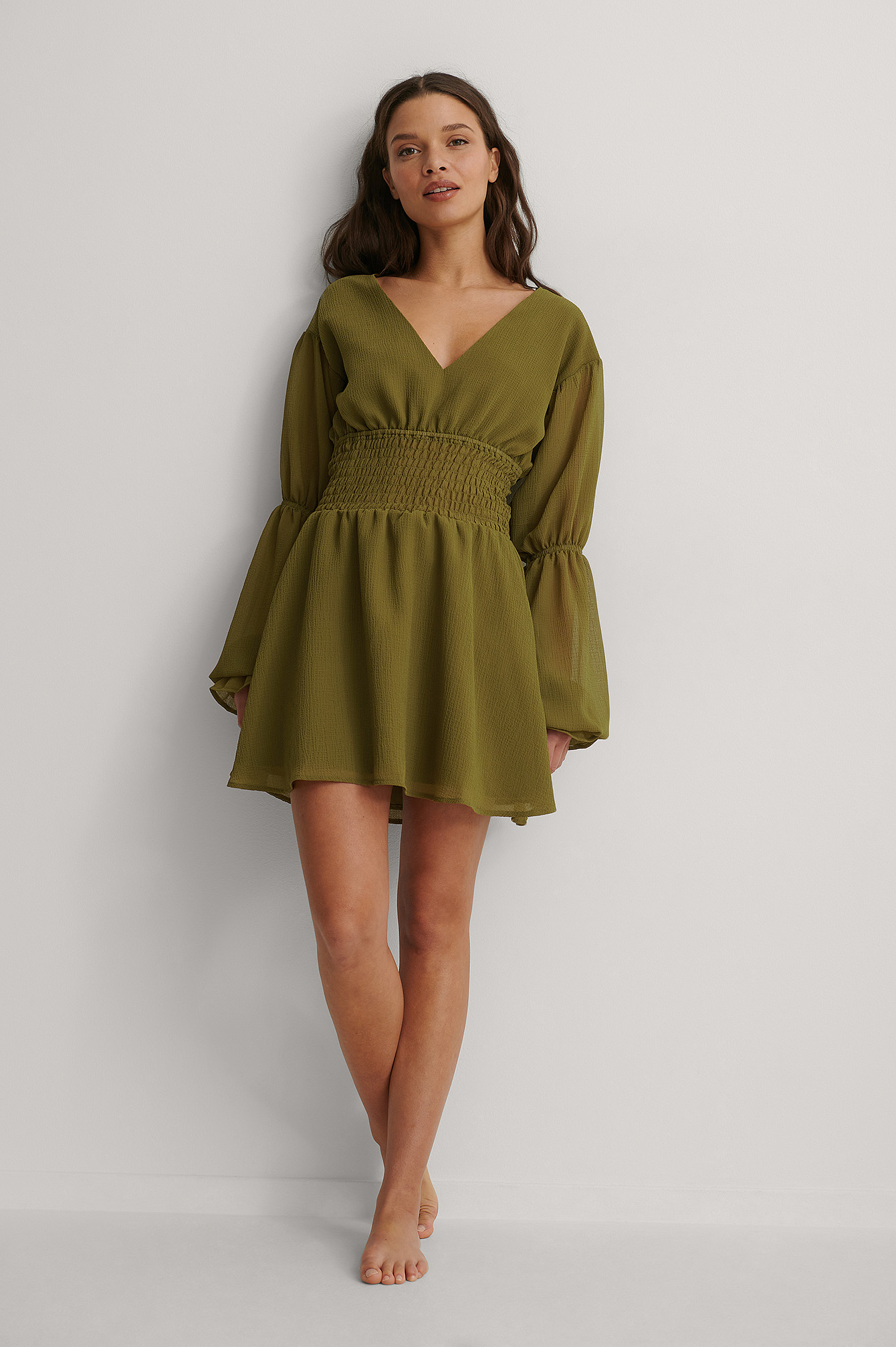 Dark Green Smocked Waist Mini Dress