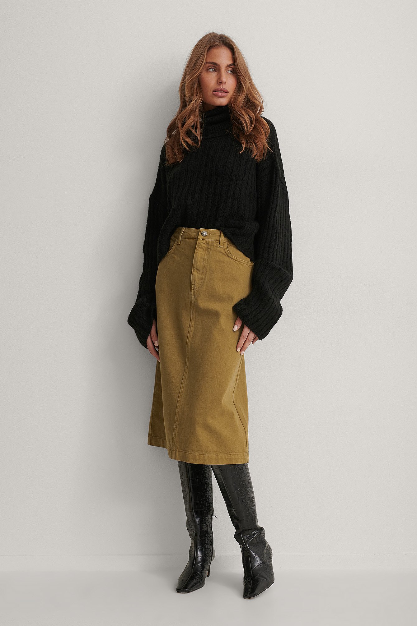 Olive A-line Midi Denim Skirt