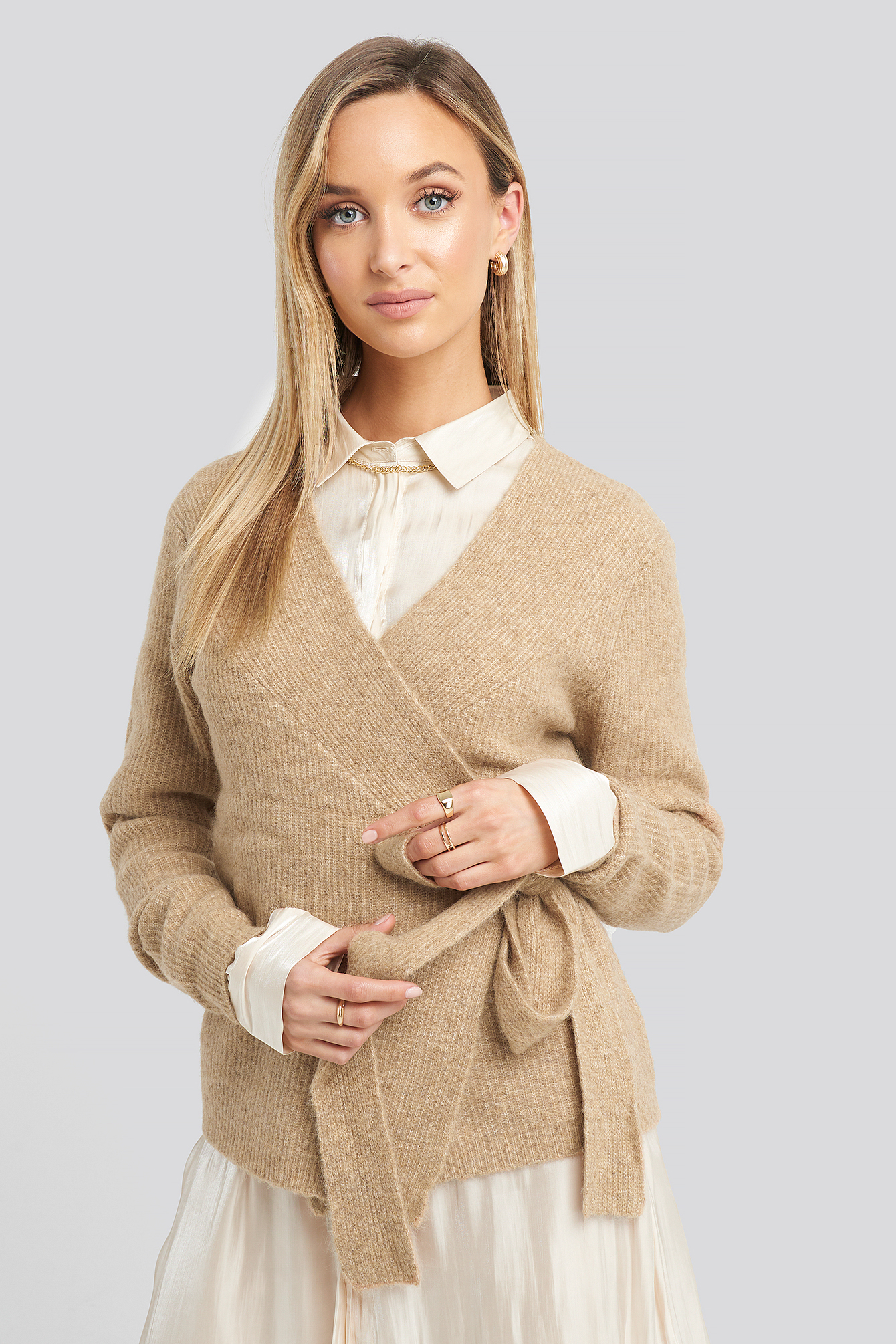 Beige Alpaca Wrap Around Knitted Sweater