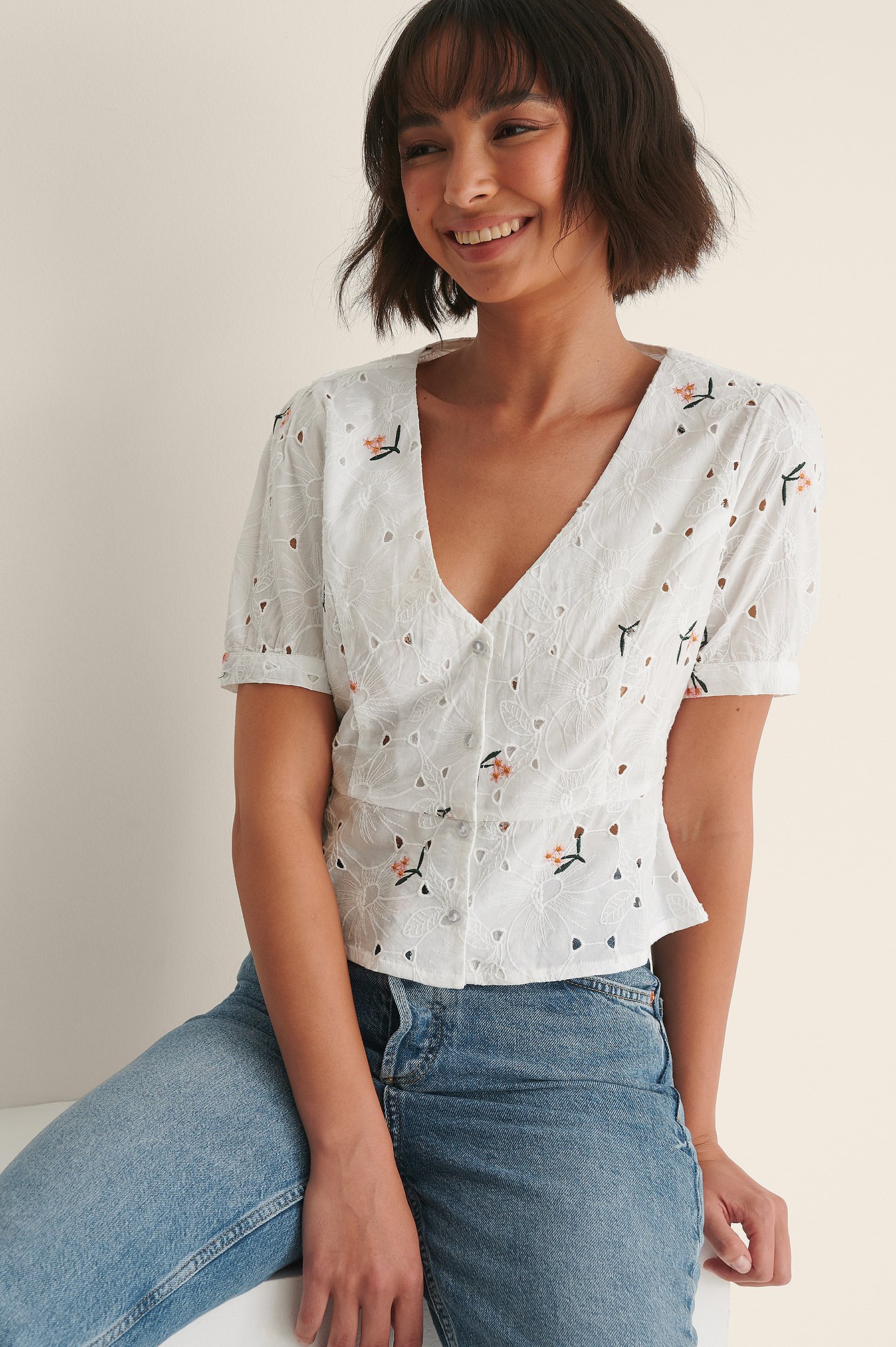 White Flower Anglaise Button Top
