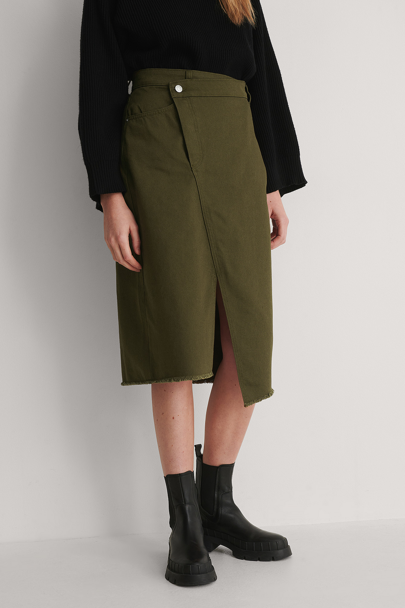 Dark Green Asymmetric Denim Skirt