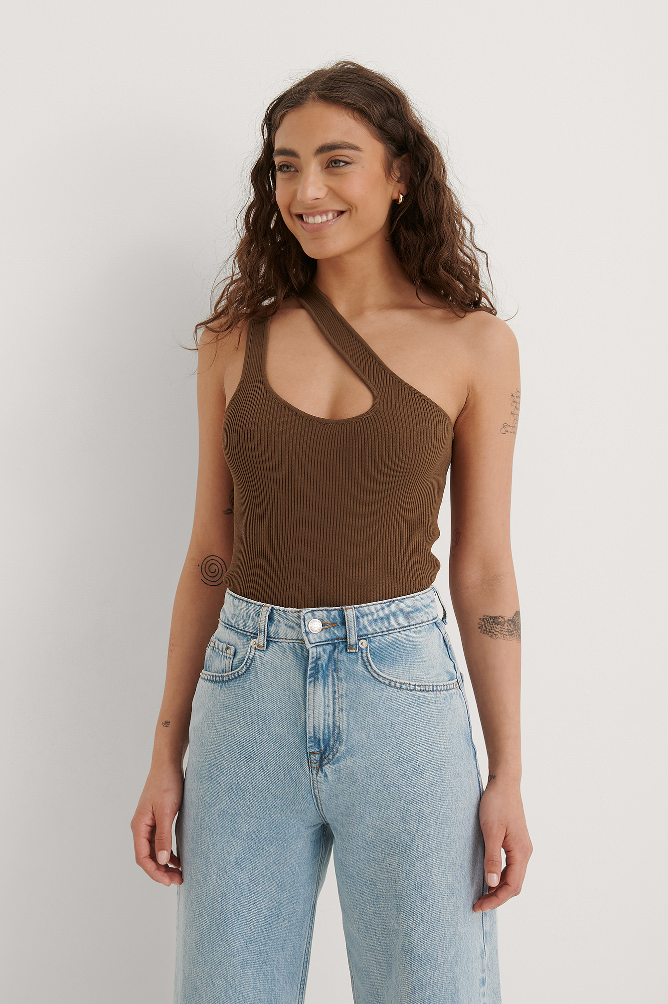 Brown Asymmetric Knitted Ribbed Singlet