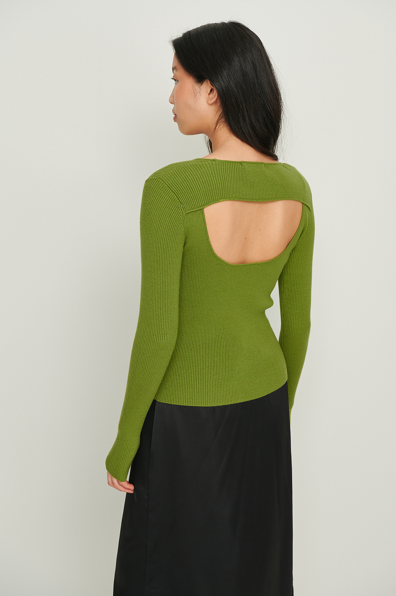Green Melange Back Detail Ribbed Knitted Sweater