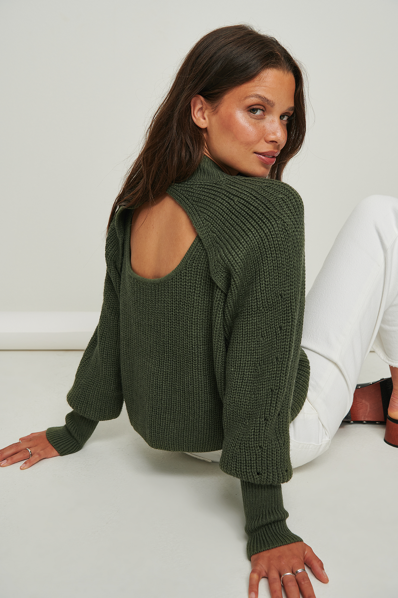 Dark Green Back Detailed Cropped Knitted Sweater