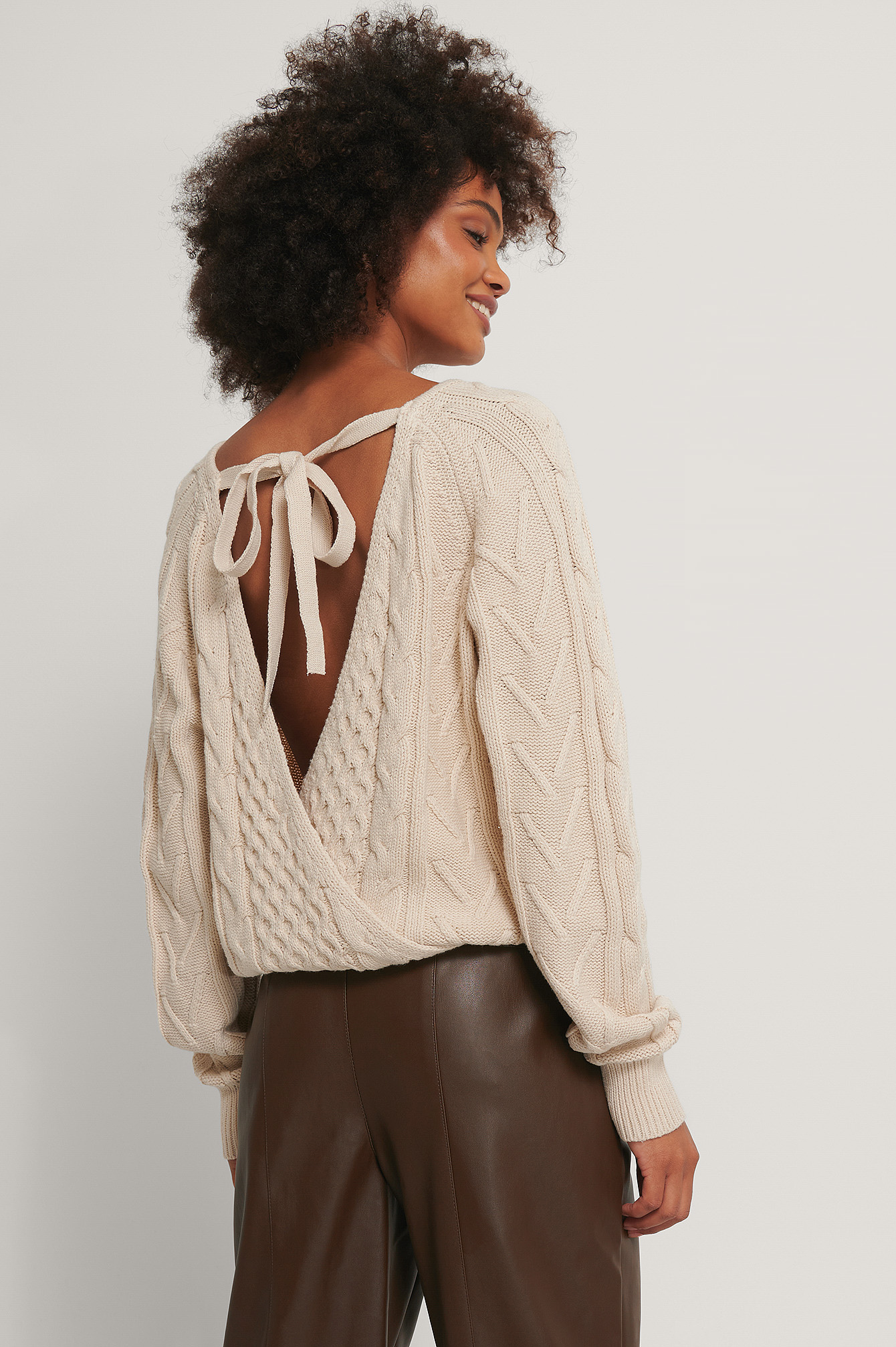 Beige Back Overlap Cable Knitted Sweater