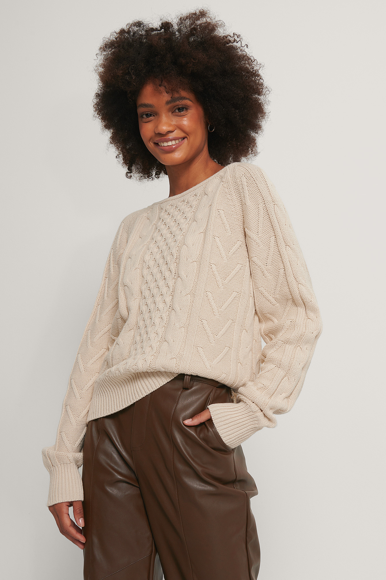 Beige Back Overlap Cable Knitted Sweater