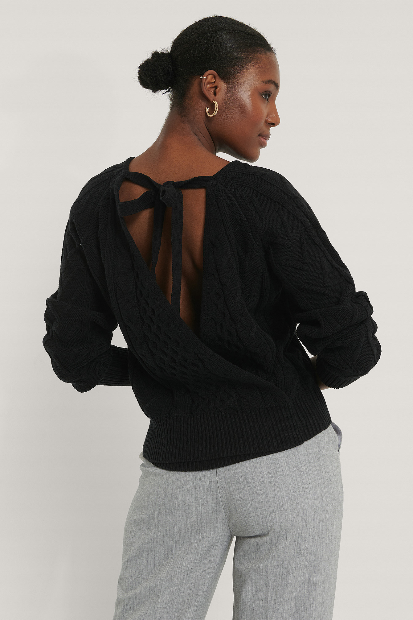 Black Back Overlap Cable Knitted Sweater