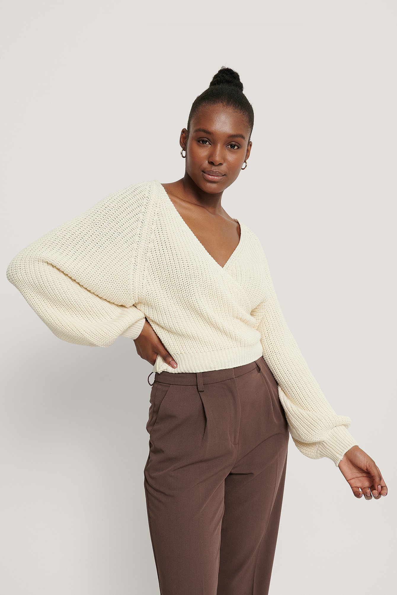 Cream Balloon Sleeve Overlap Knitted Sweater