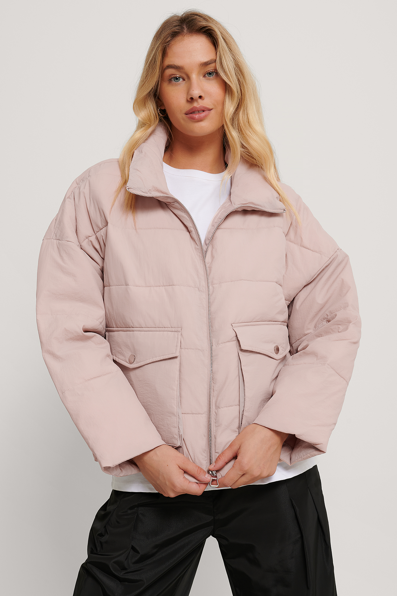 Light Pink Big Pocket Padded Short Jacket