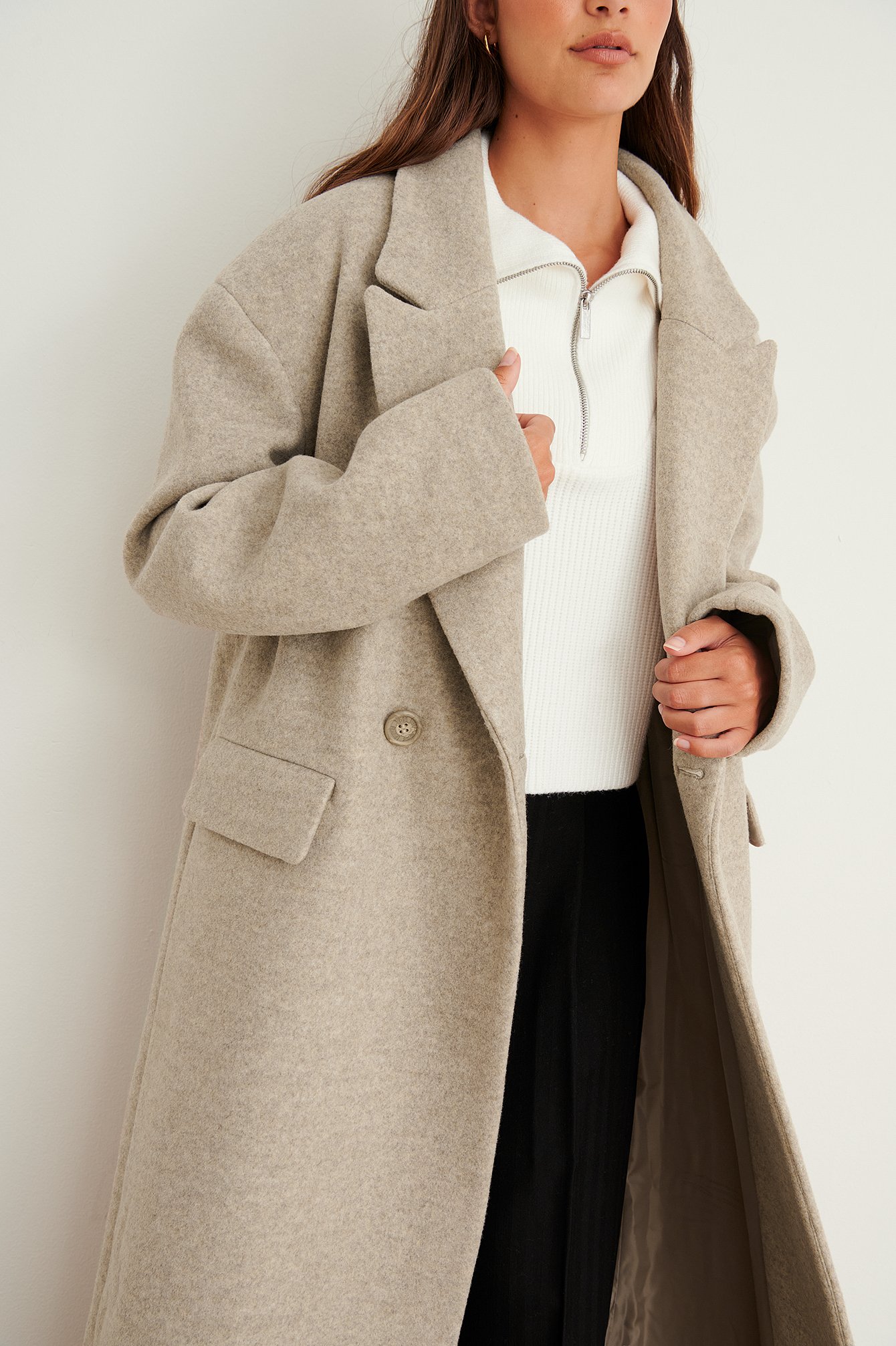 Beige Big Shoulders Oversized Wool Blend Coat
