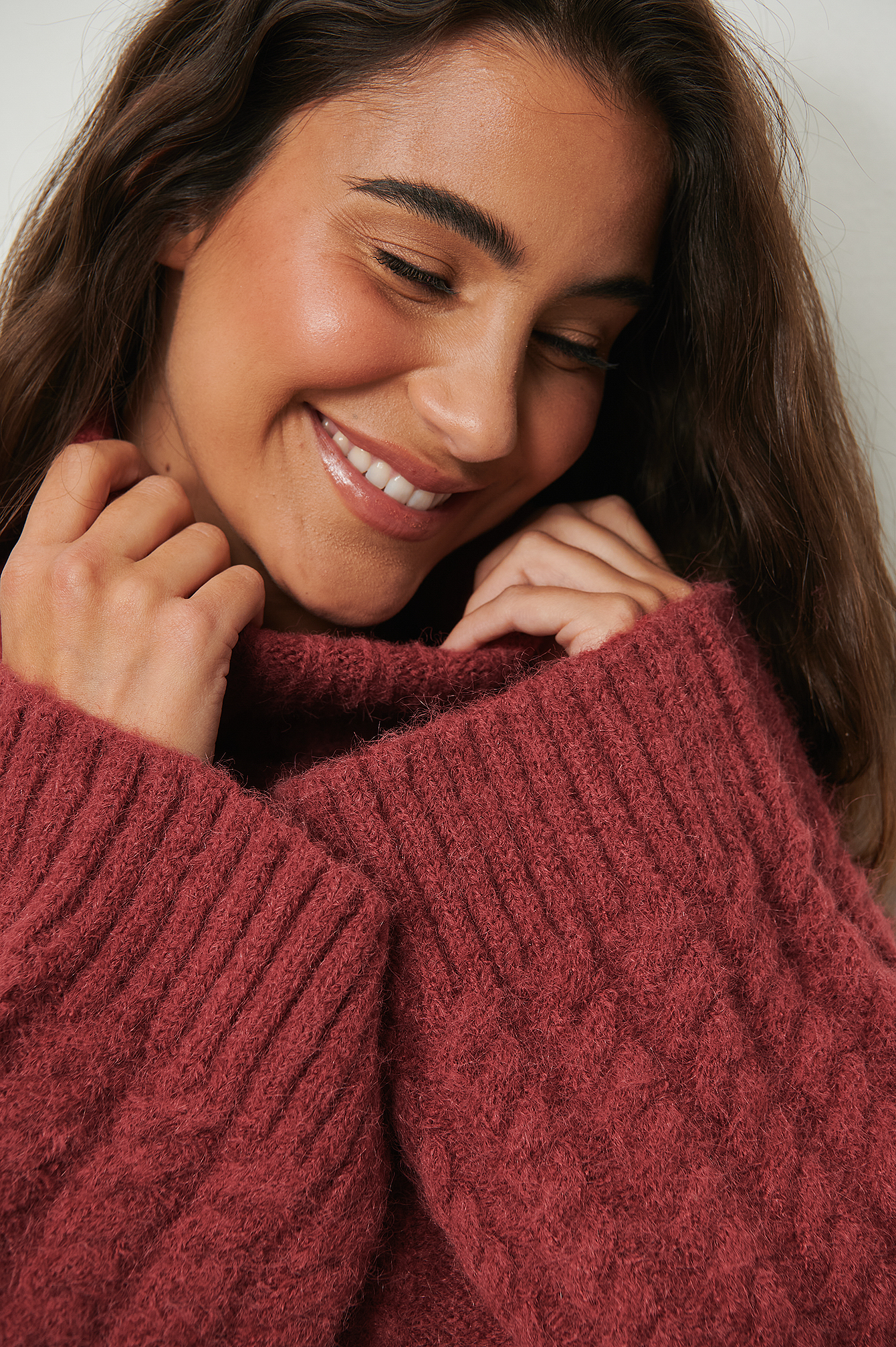 Dark Red Boxy Cable Knit High Neck Sweater