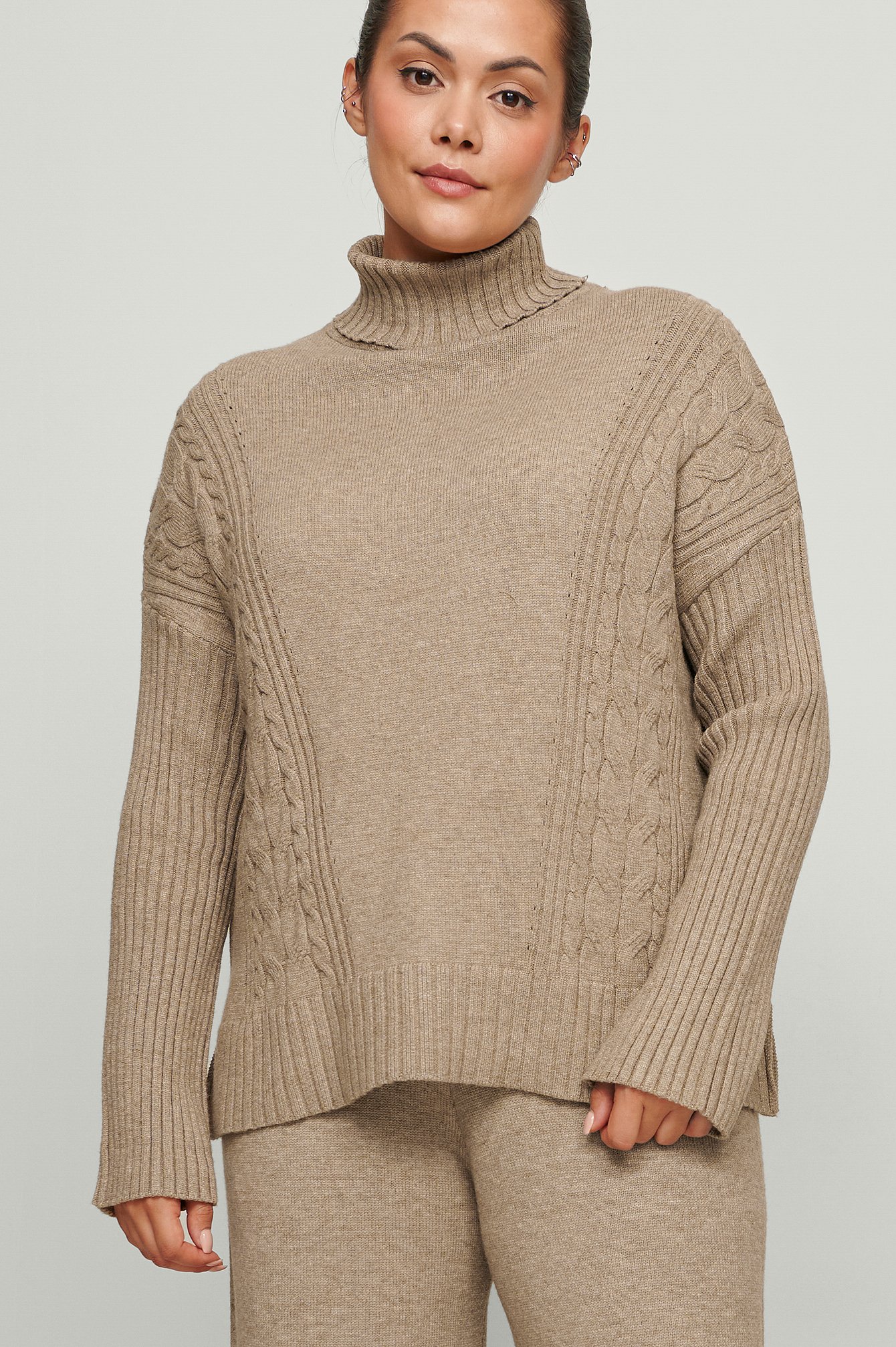 Beige Braided Knitted Turtle Neck Sweater