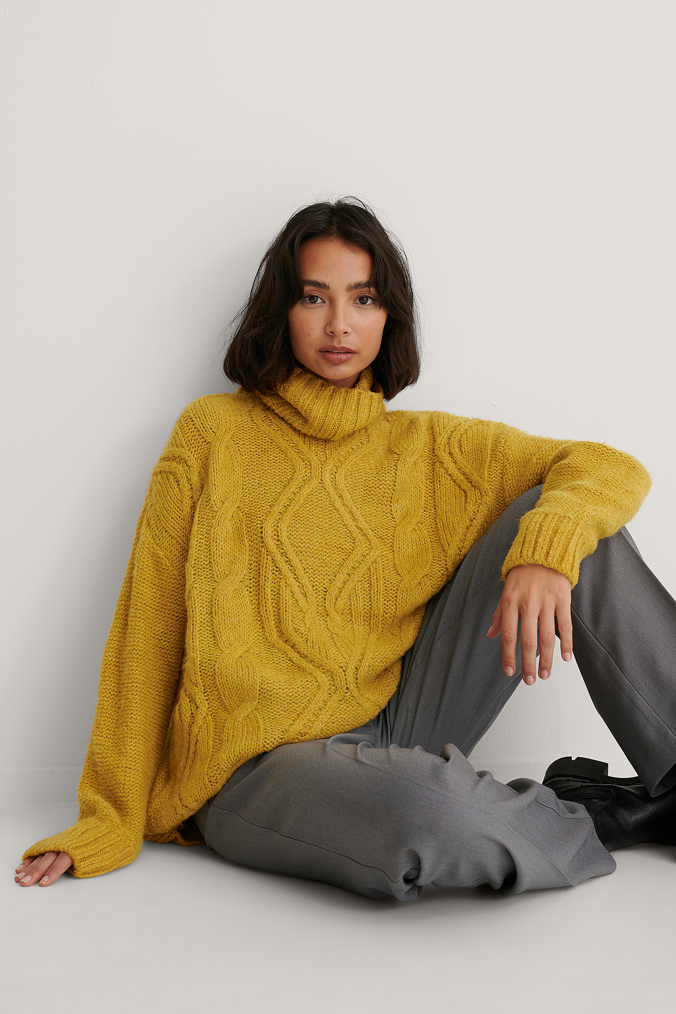 Yellow Cable Knit Polo Sweater
