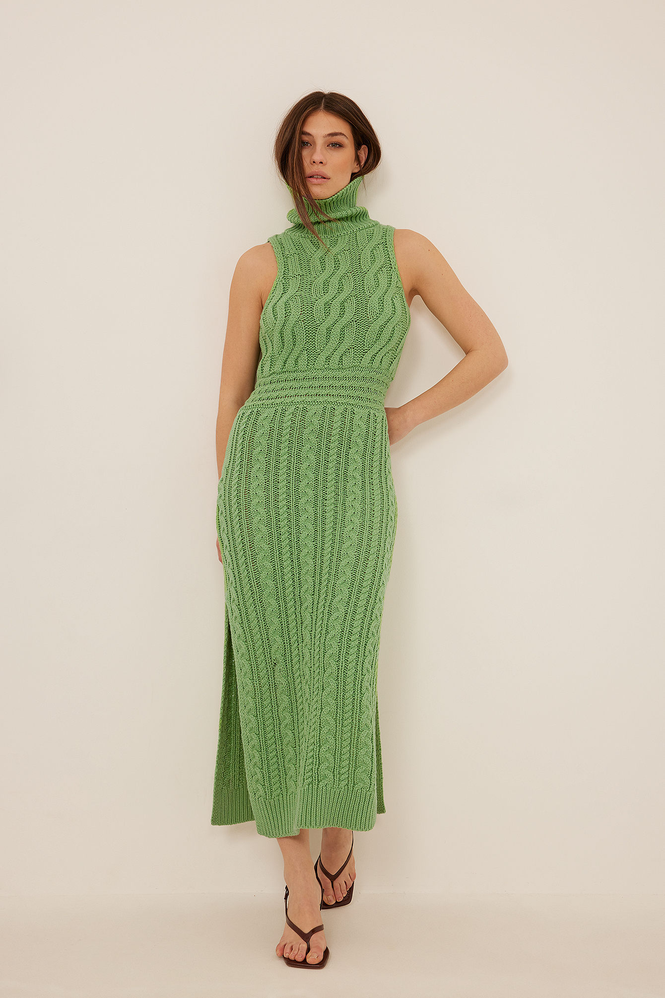 Green Cable Knitted Long High Neck Dress