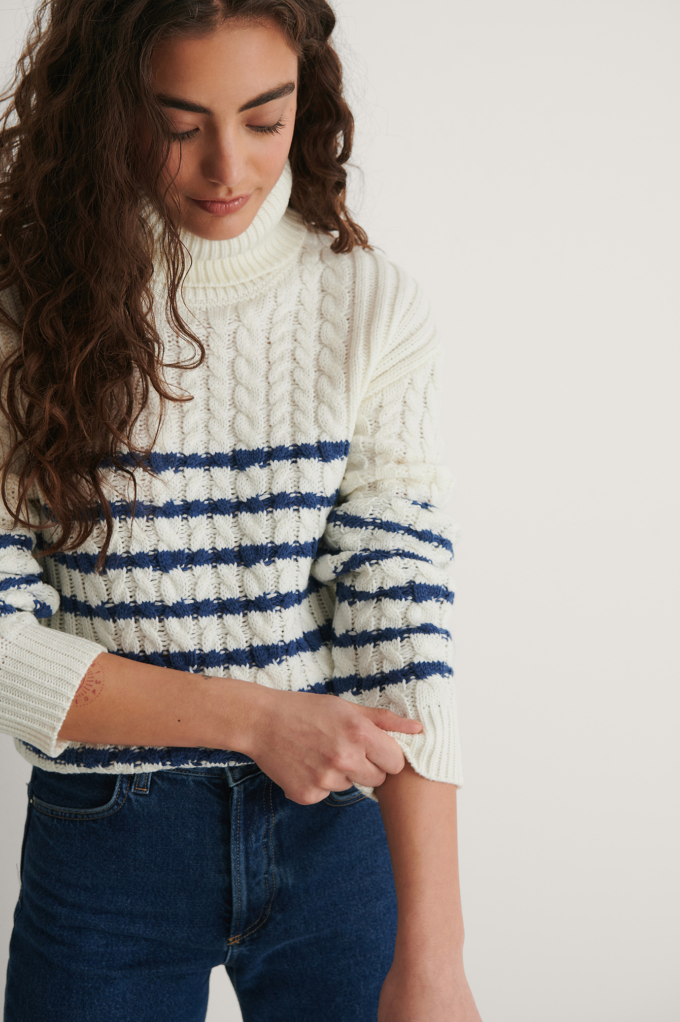 White/Navy Cable Knitted Striped Sweater