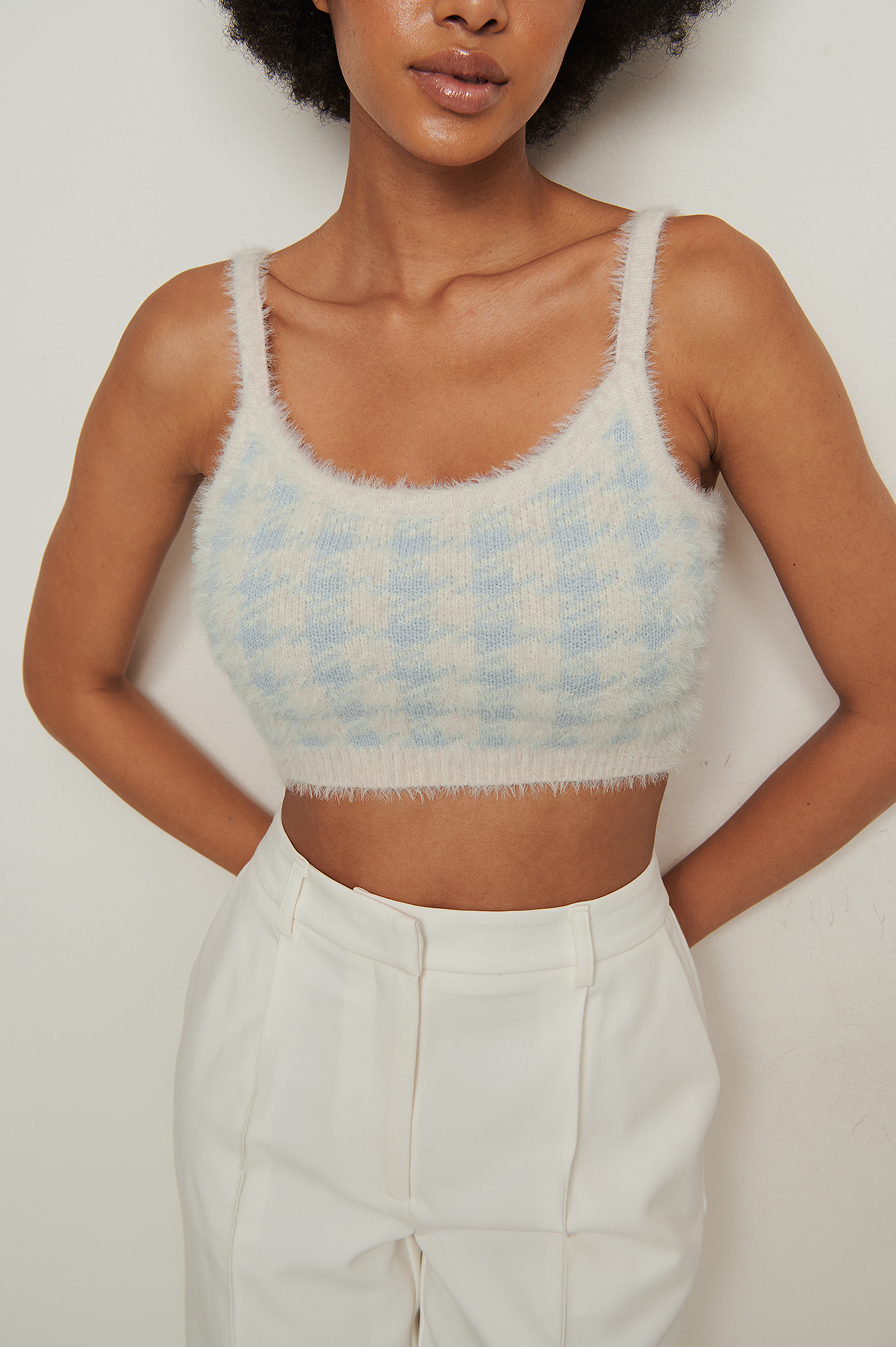 Light Blue/White Checked Cropped Knitted Top