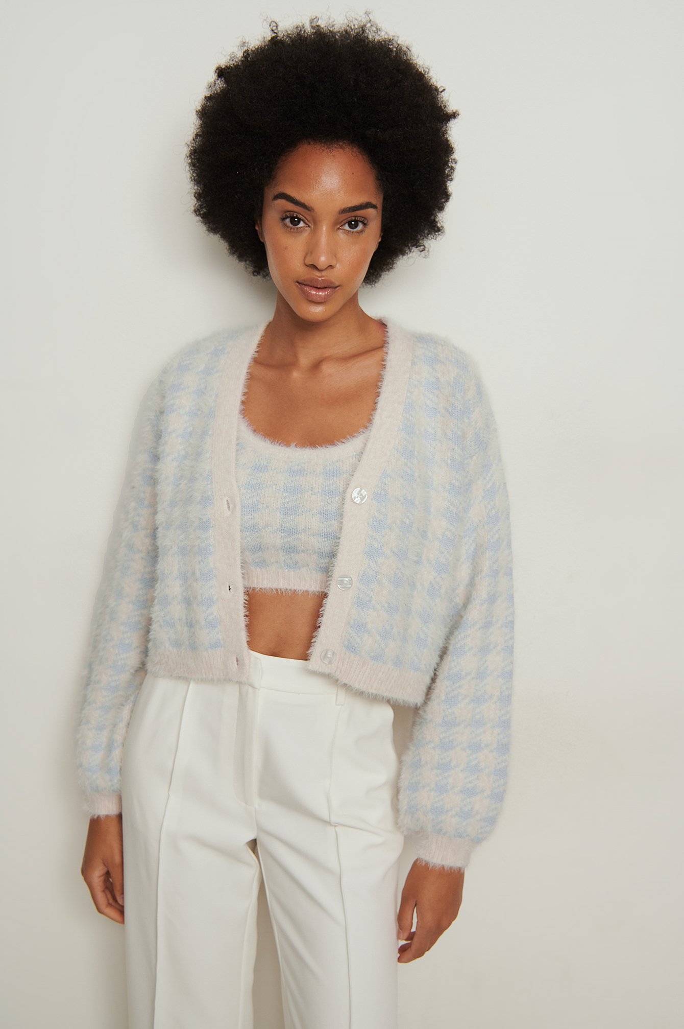 Light Blue/White Checked Knitted Cardigan