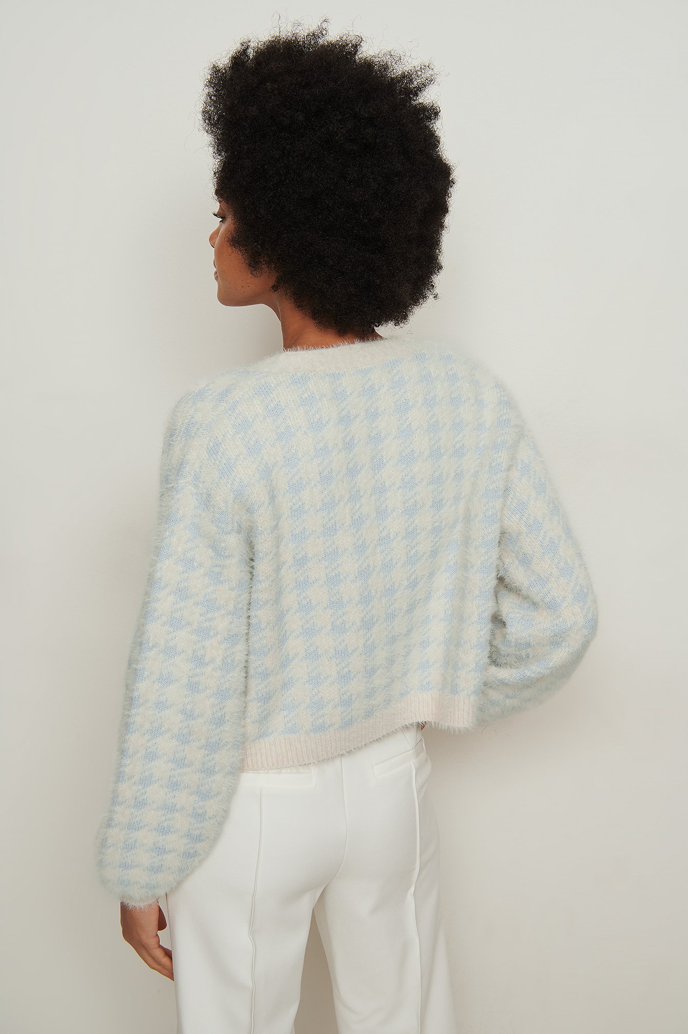 Light Blue/White Checked Knitted Cardigan