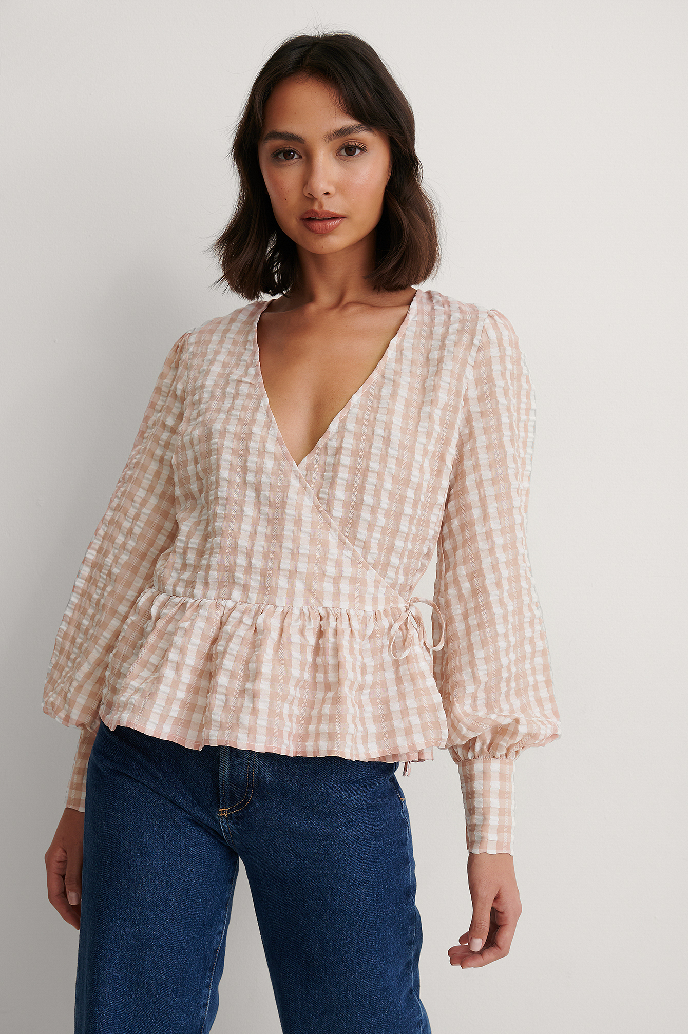 Dusty Pink Checkered Tie Side Blouse