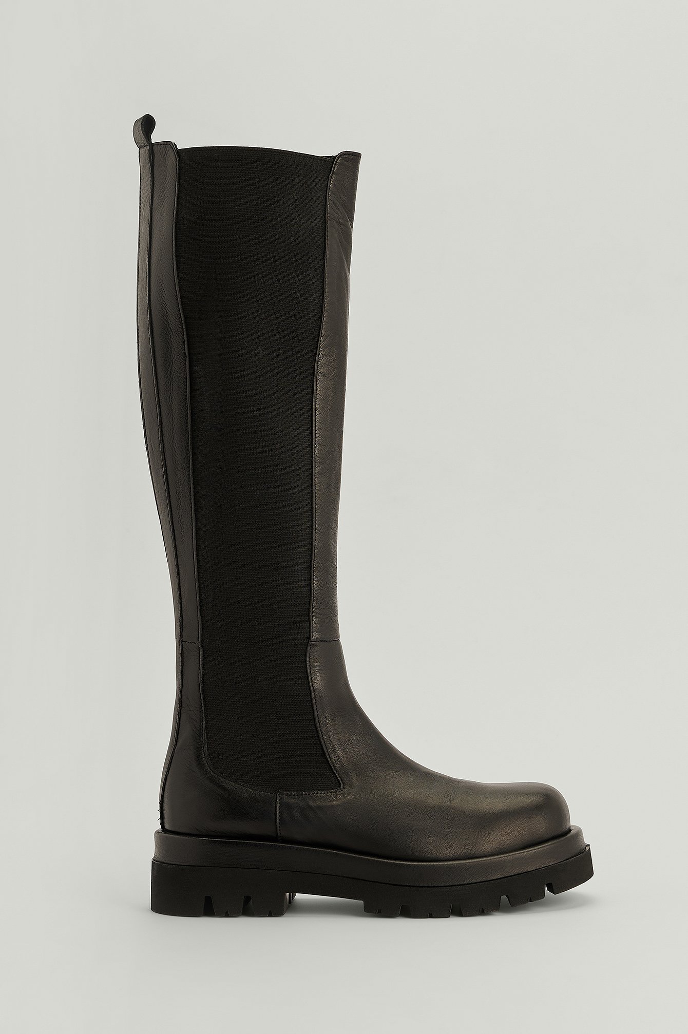 Black Chunky Leather Profile Shaft Boots