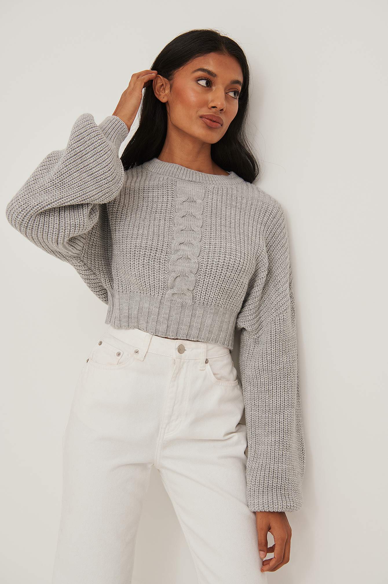 Grey Cropped Cable Knit Sweater