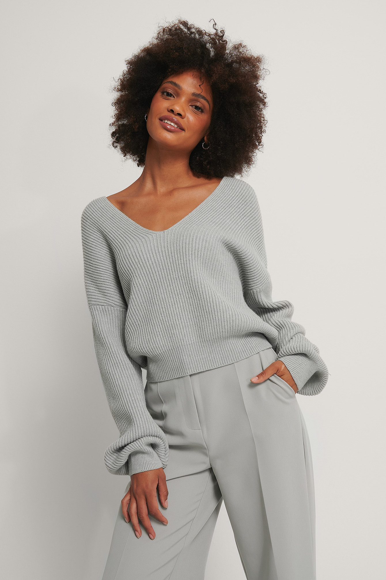 Light Grey Cropped Deep V-neck Knitted Sweater