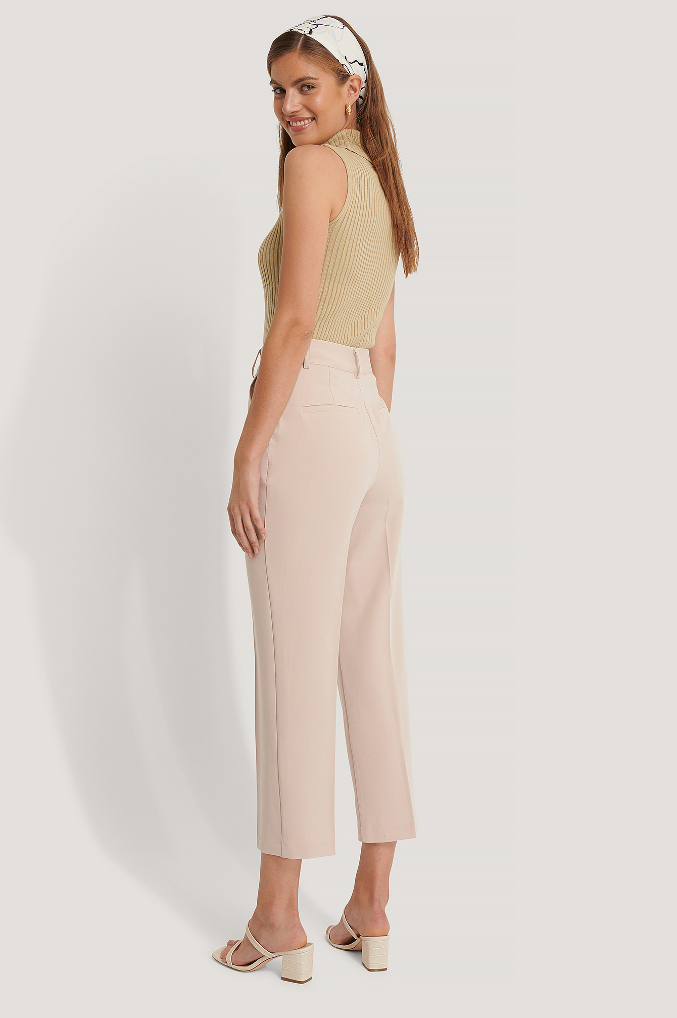 Beige Cropped High Rise Suit Pants