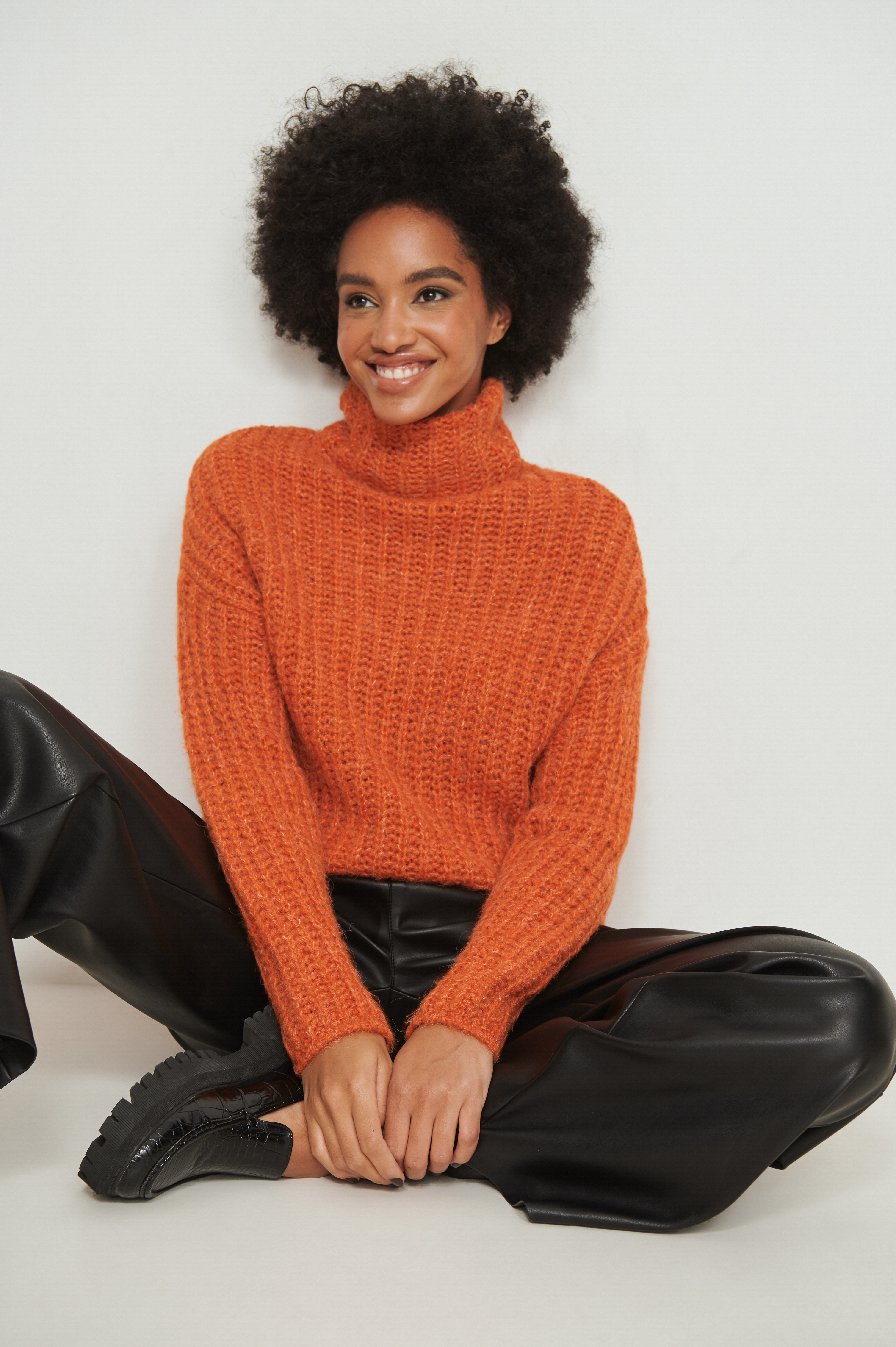 Rust Cropped Knitted High Neck Sweater