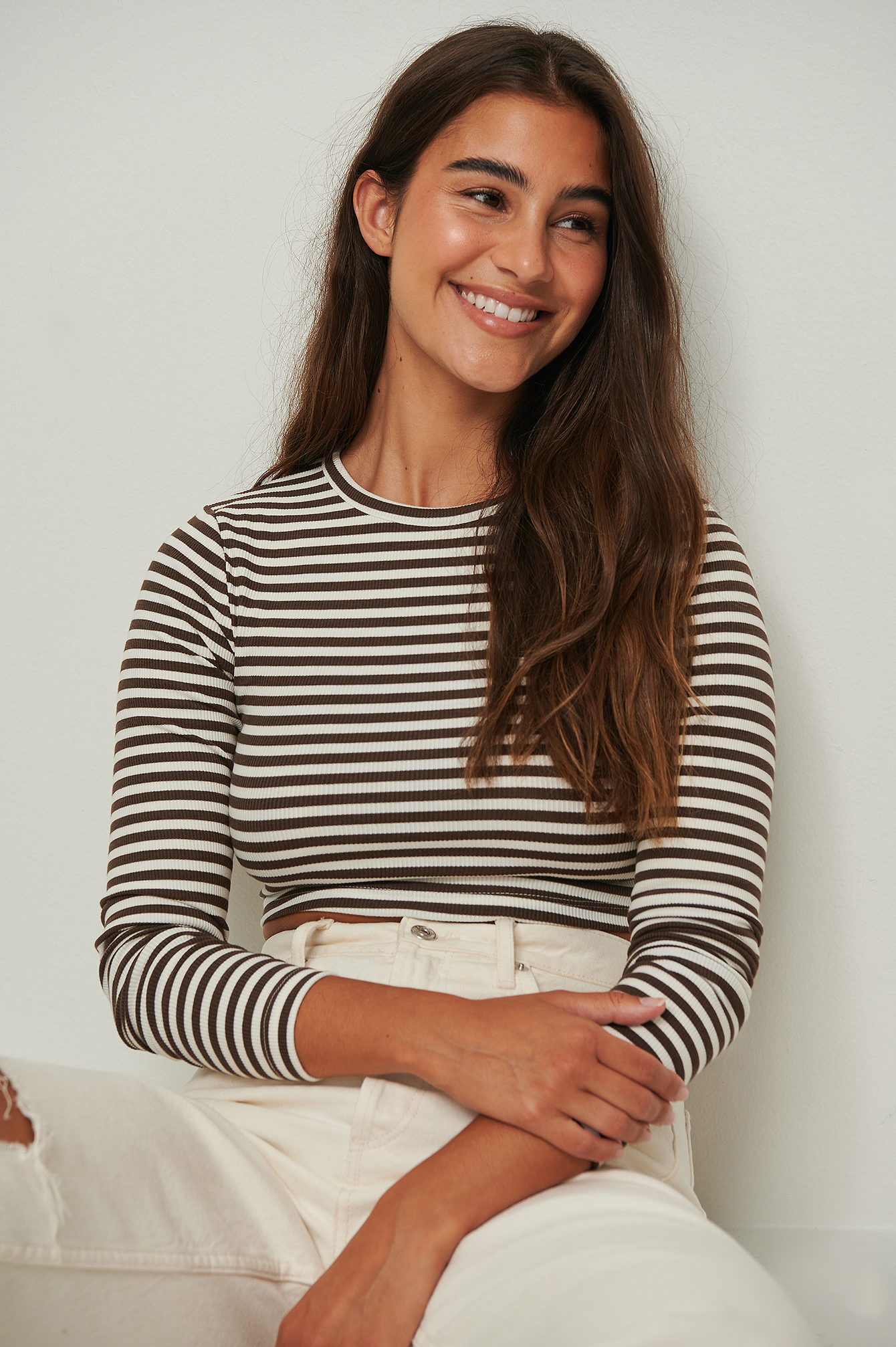 Brown/White Cropped Long Sleeved Striped Top