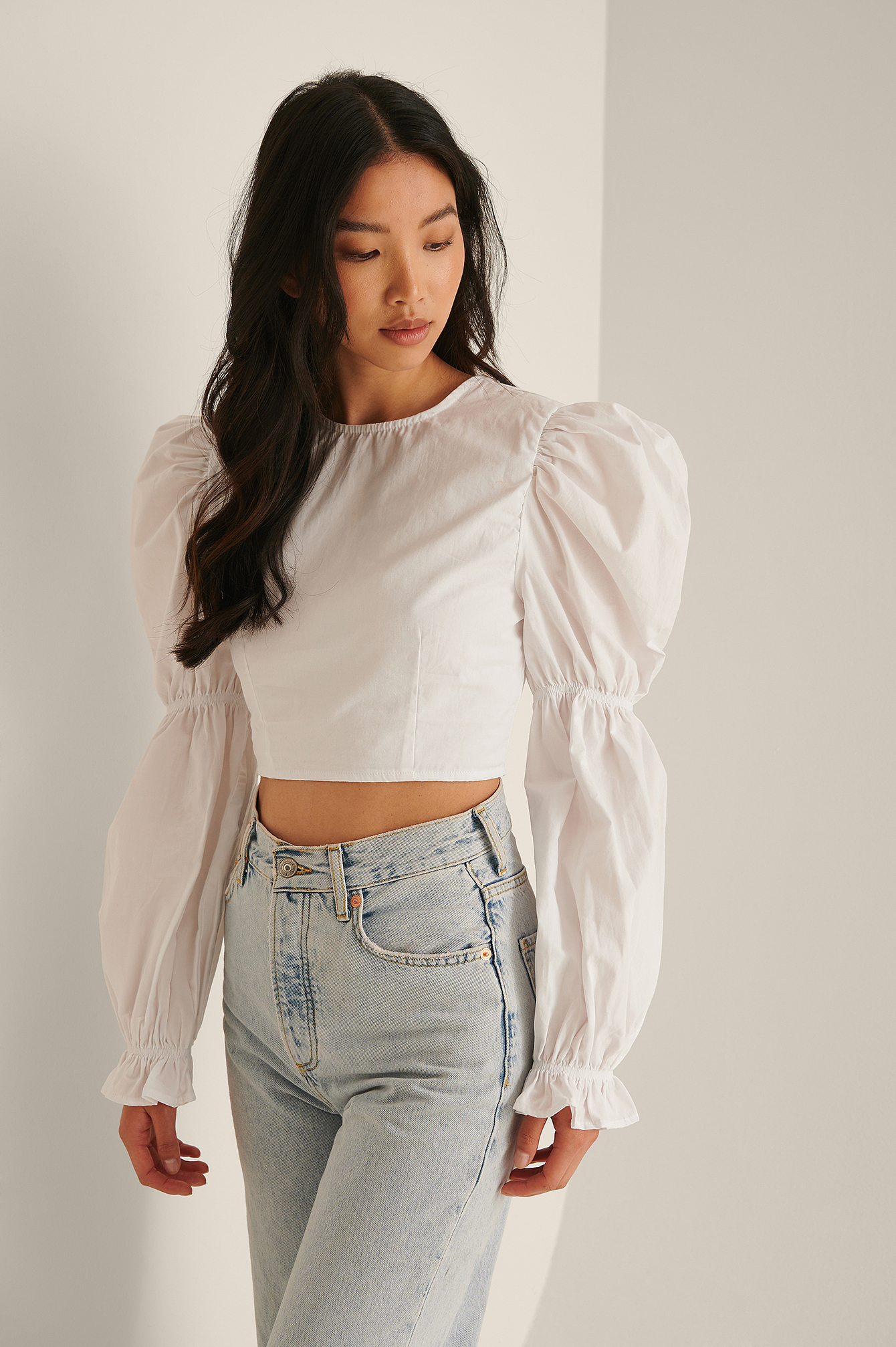 White Recycled Cropped Open Back LS Blouse