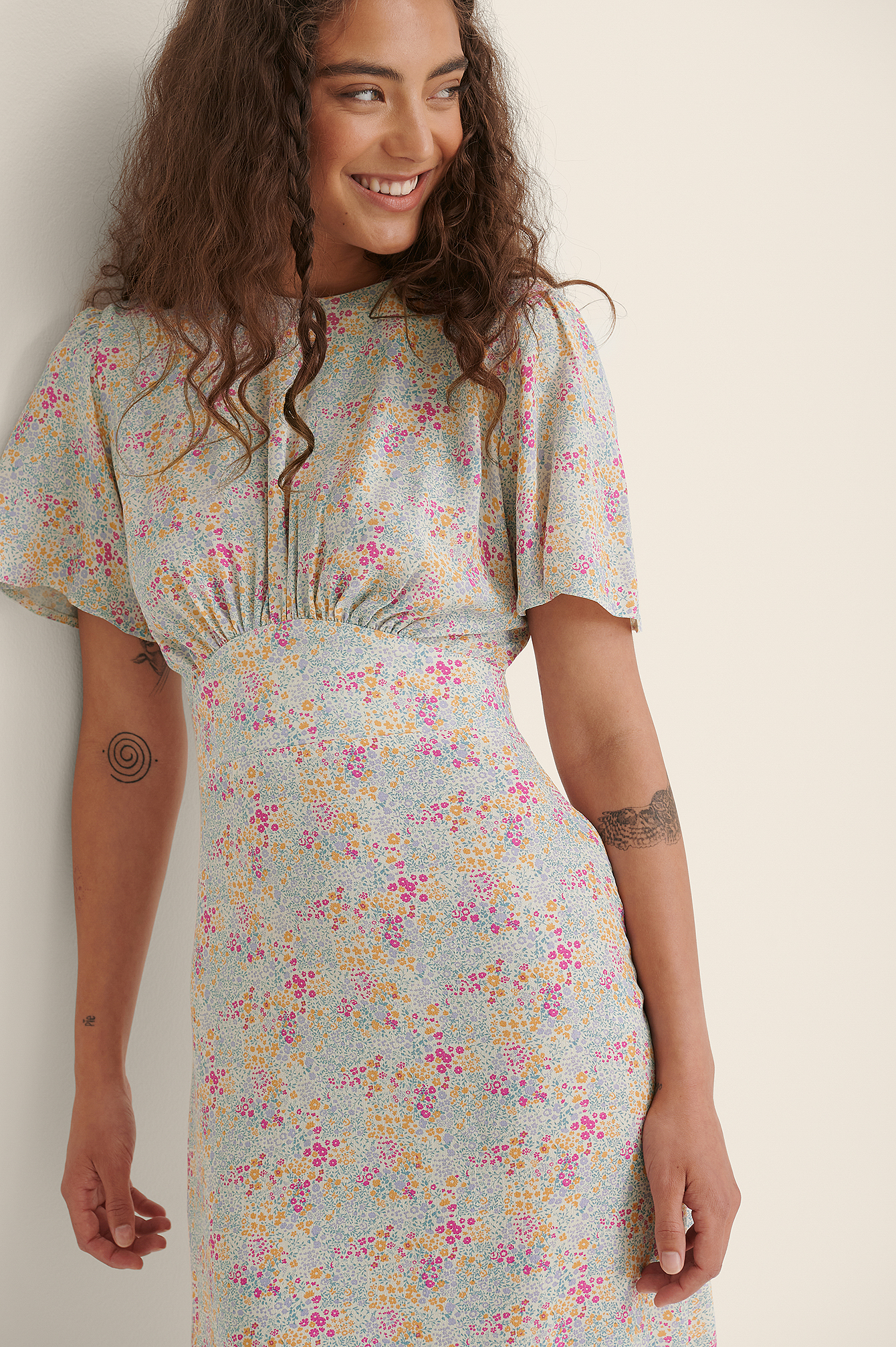 Multi Floral Print Curved Seam Short Sleeve Midi Dress
