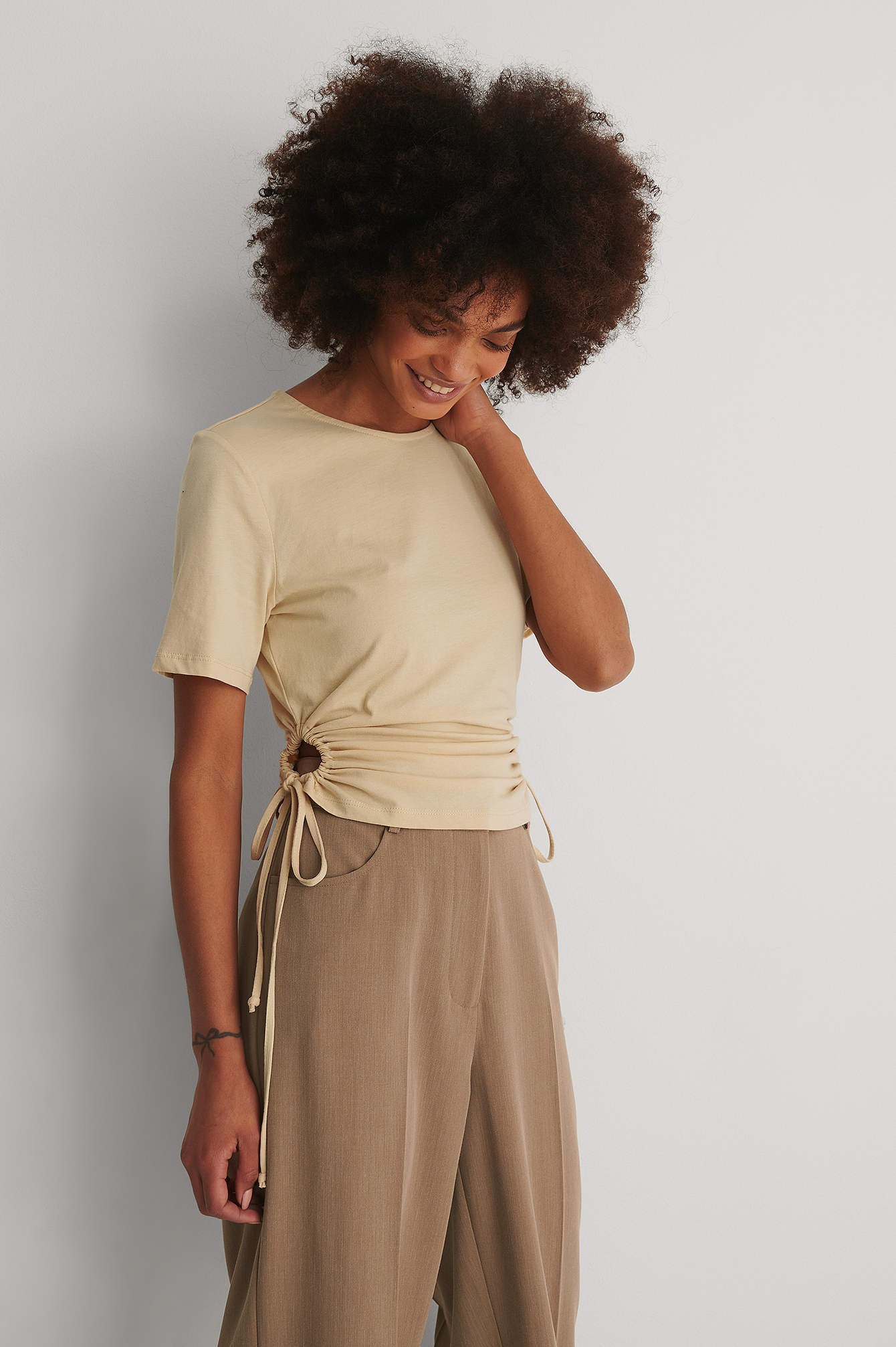 Beige Organic Cut Out Cropped T-shirt