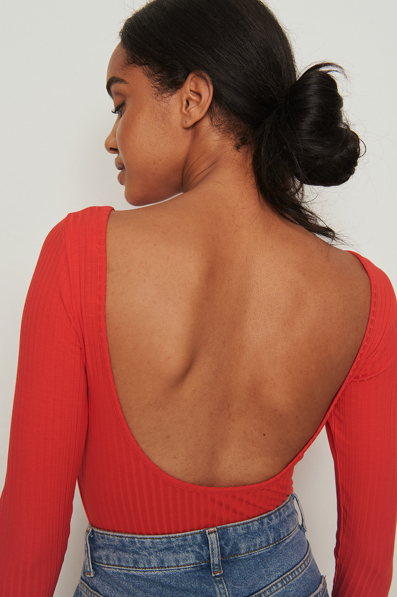 Red Recycled Deep Back Long Sleeve Rib Top