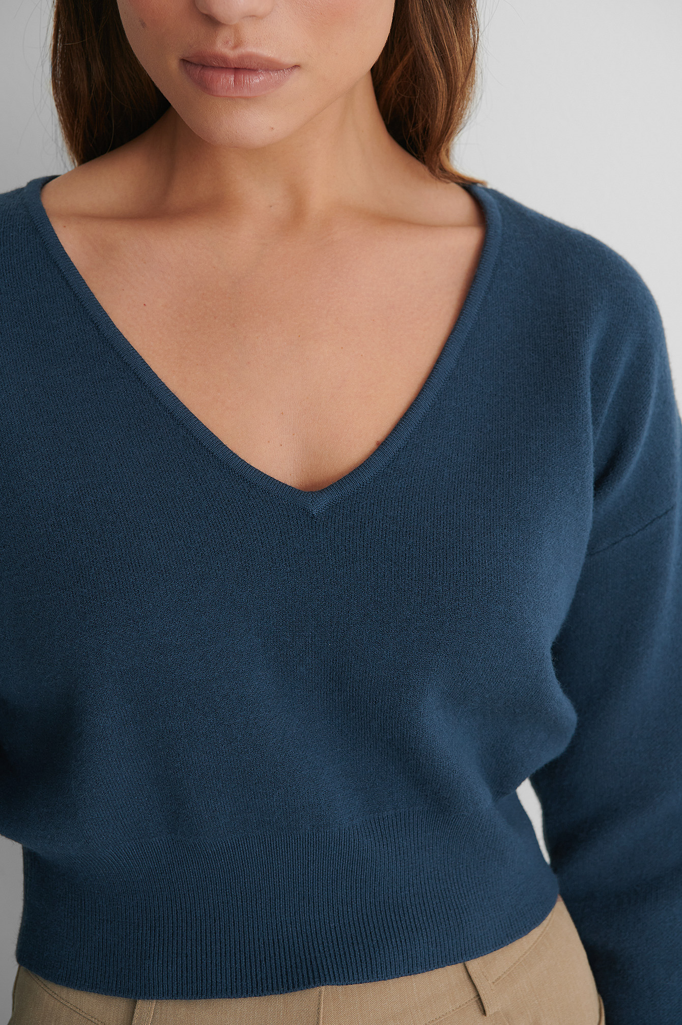 Dark Blue Deep V-neck Knitted Sweater