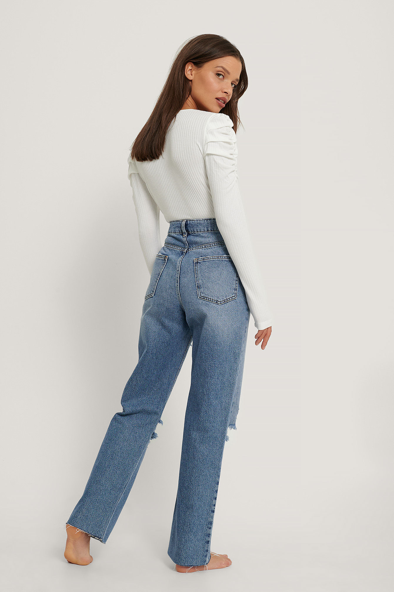 Mid Blue Destroyed Detail High Waist Straight Jeans