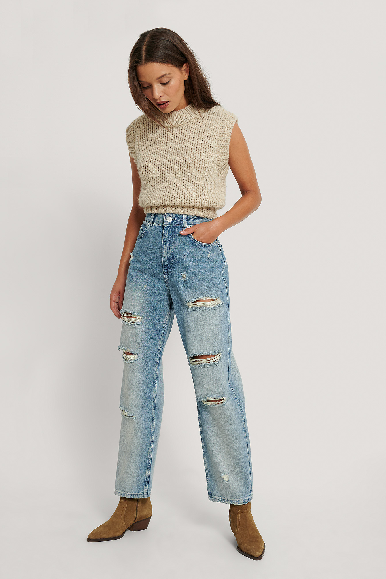 Mid Blue Destroyed High Waist Cropped Jeans