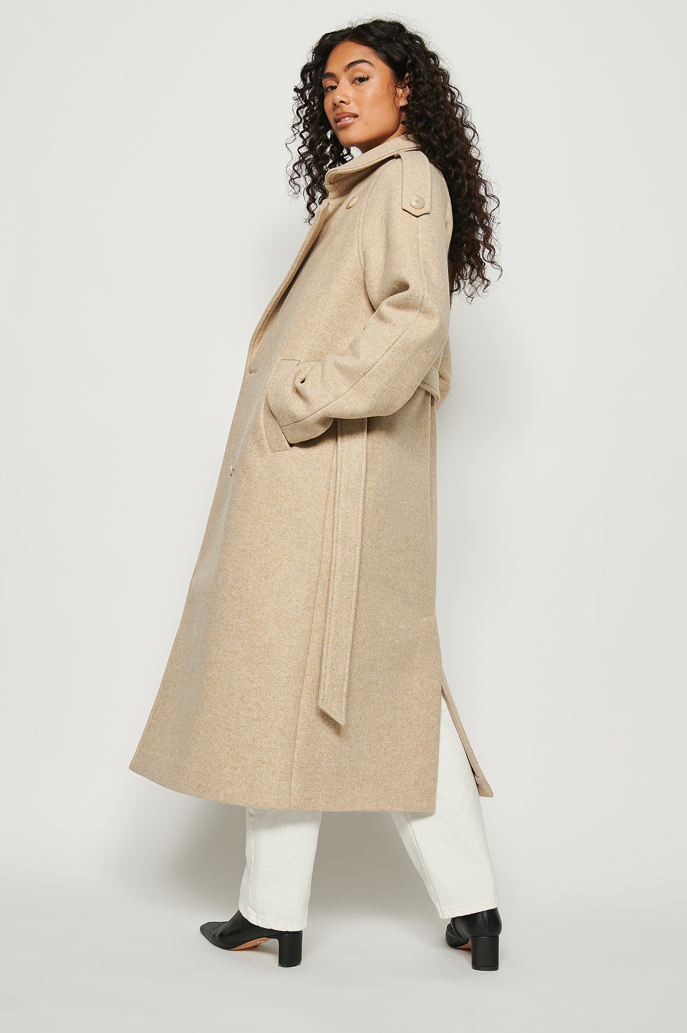 Beige Double Breasted Wool Mix Coat