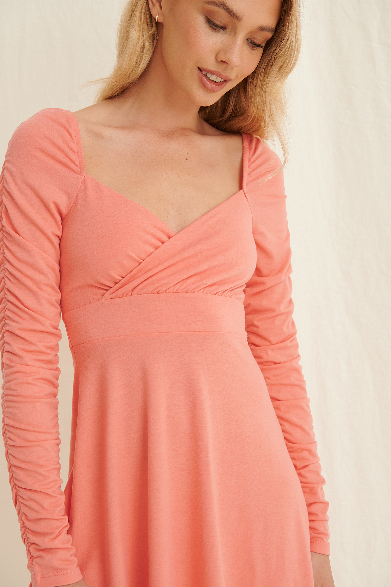 Dusty Coral Draped Detail Recycled Long Sleeve Dress