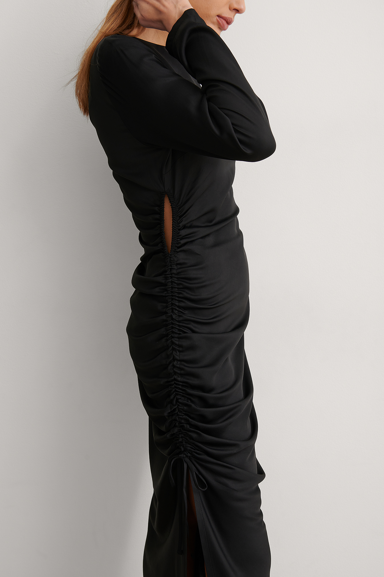 Black Draped One Sleeve Midi Dress