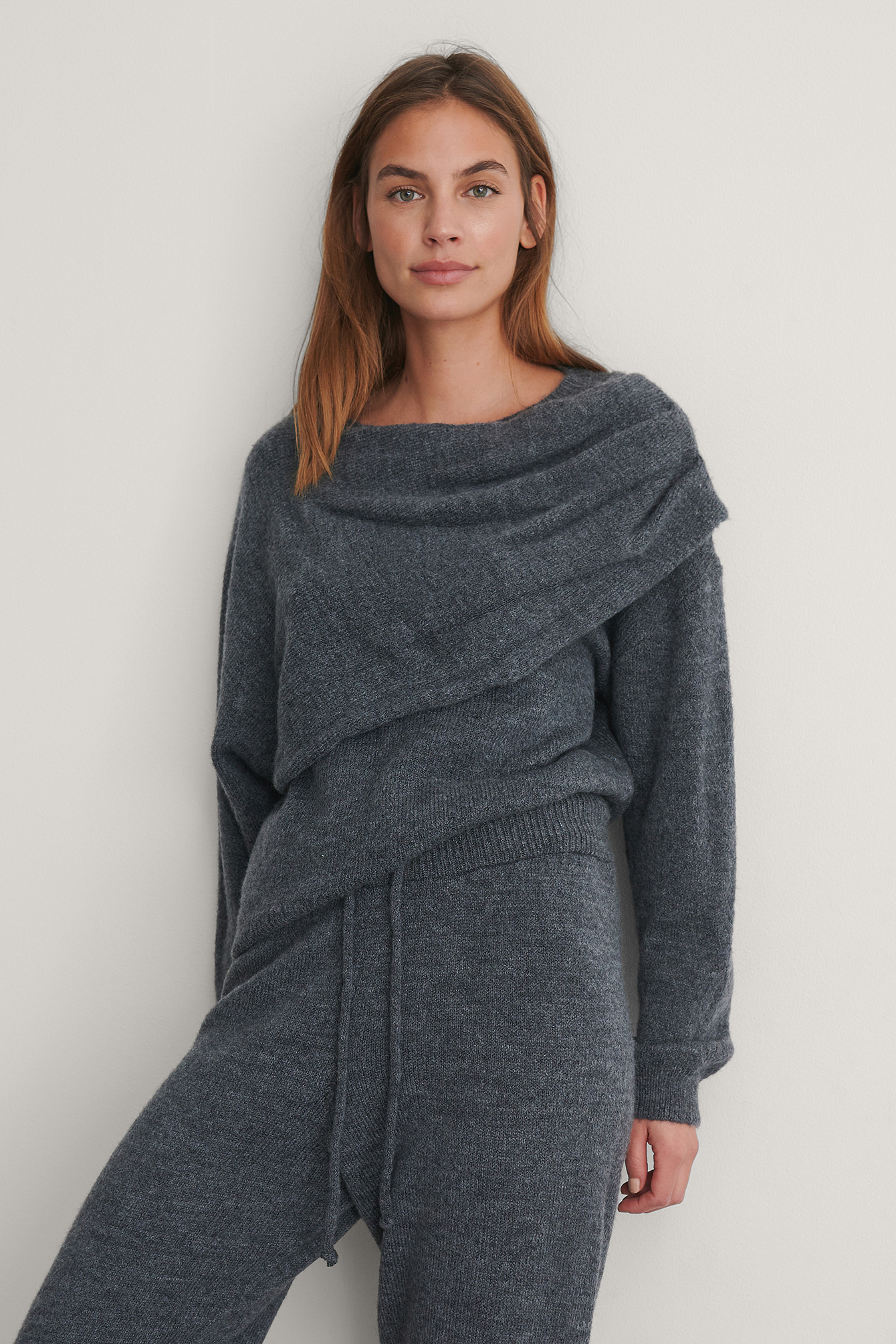 Grey Draped Pleat Knitted Sweater